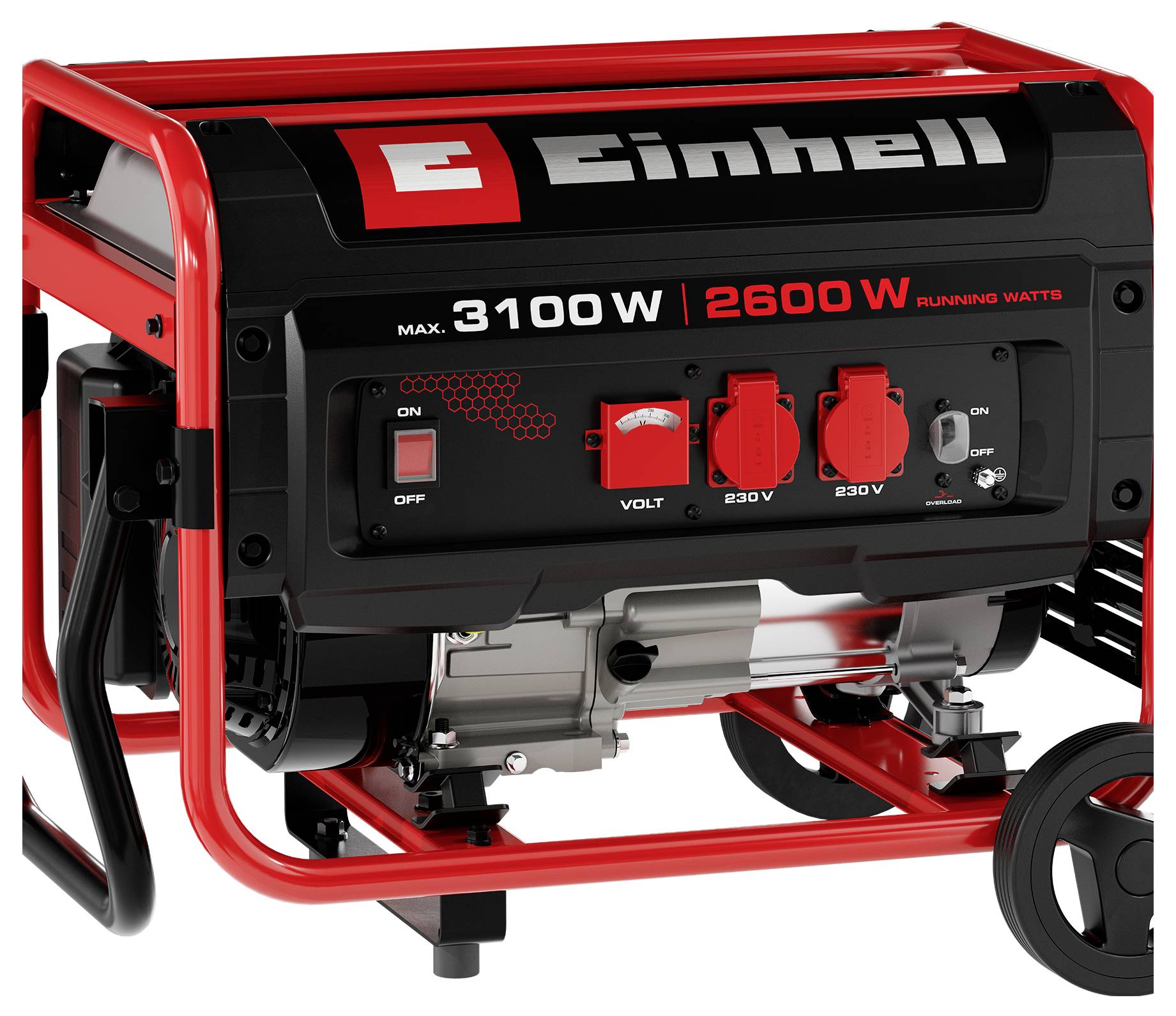 Tragbarer rot-schwarzer Einhell-Generator auf Rädern, mit der Bezeichnung „3100W