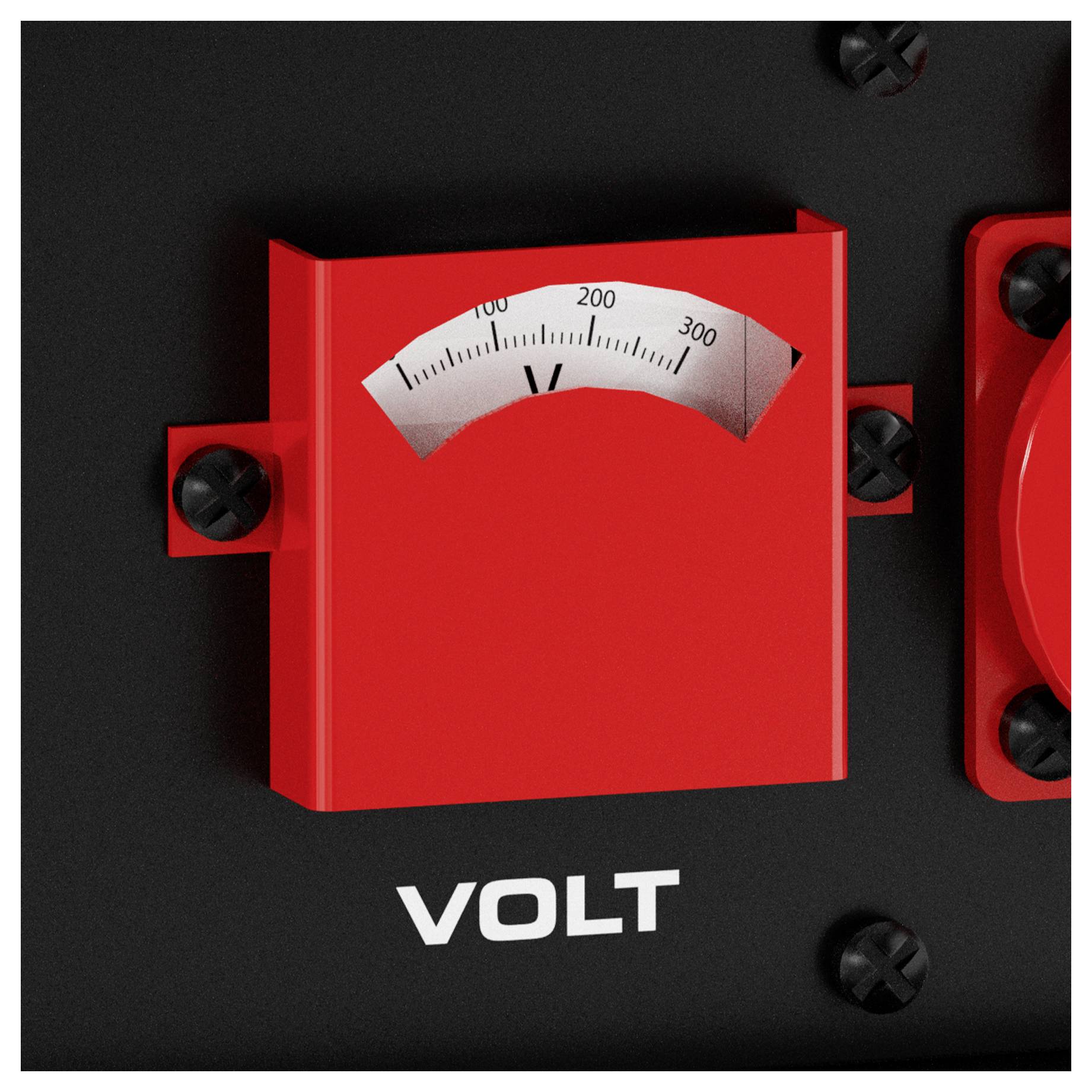 Rotes Voltmeter auf einem schwarzen Feld mit der Bezeichnung „VOLT