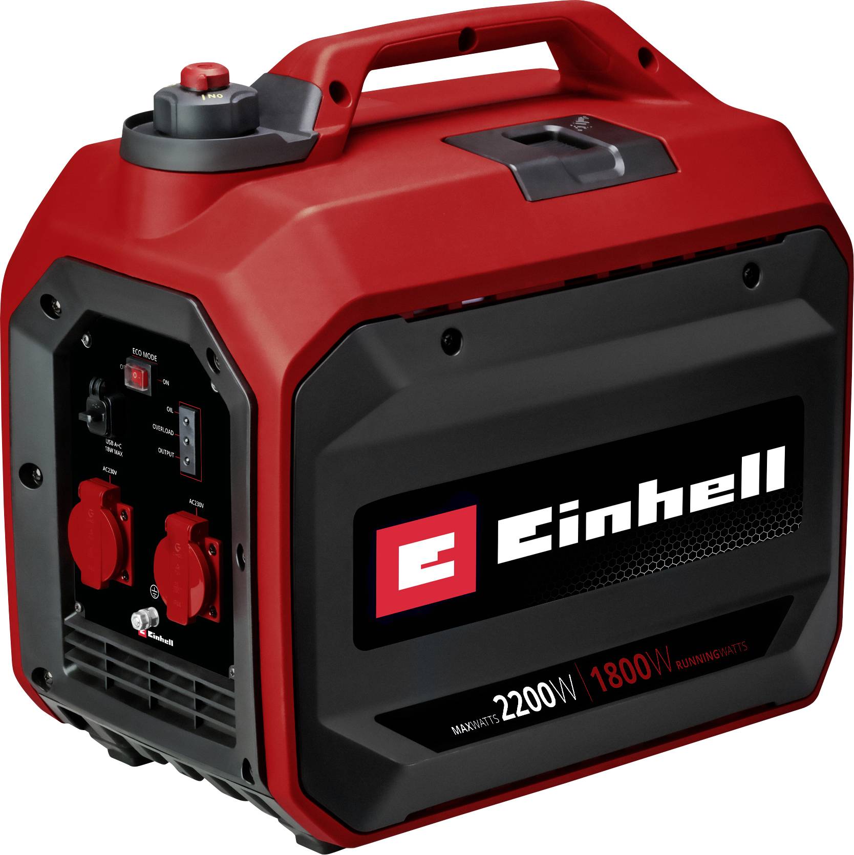 Tragbarer rot-schwarzer Einhell-Generator mit Griff, Steckdosen und Bedienfeld; das Etikett zeigt 2200W maximal und 1800W Dauerleistung.