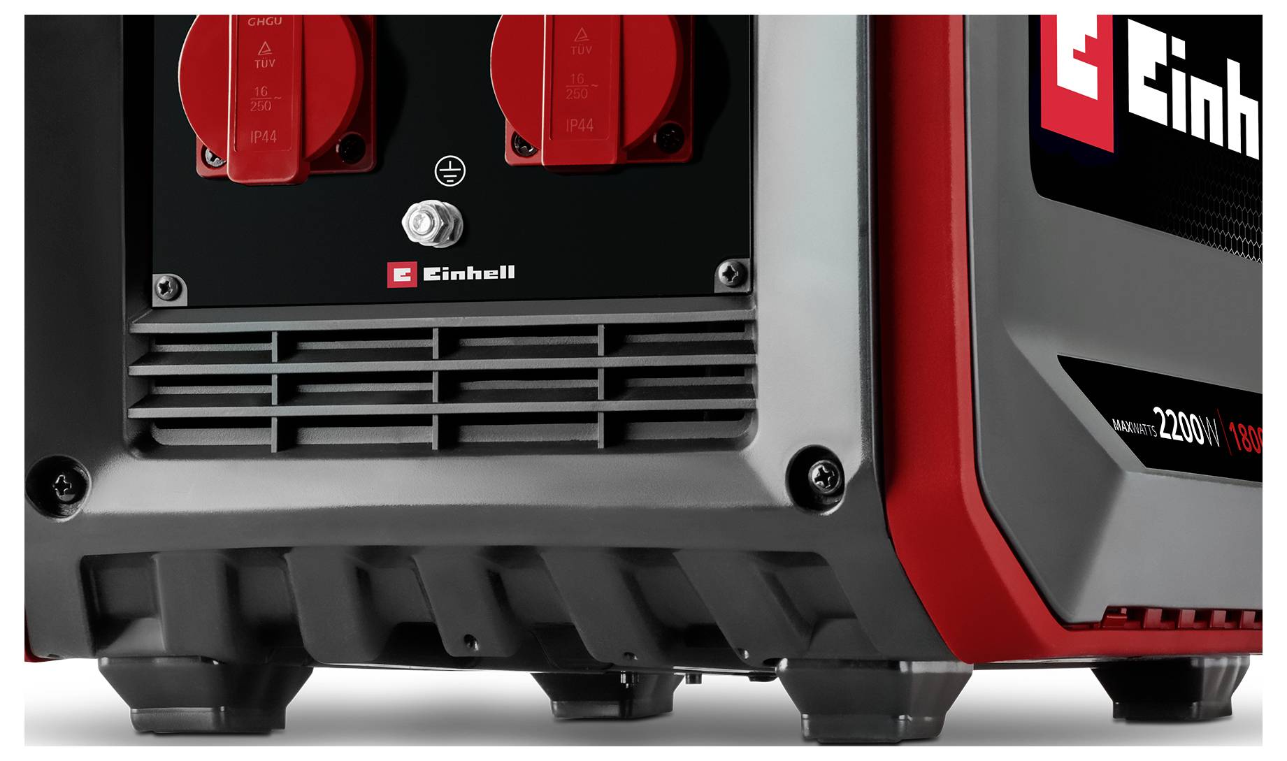 Nahaufnahme einer Einhell-Schweißmaschine mit roten Regelknöpfen, vorderen Lüftungsöffnungen und Leistungsbezeichnung auf weißem Hintergrund.