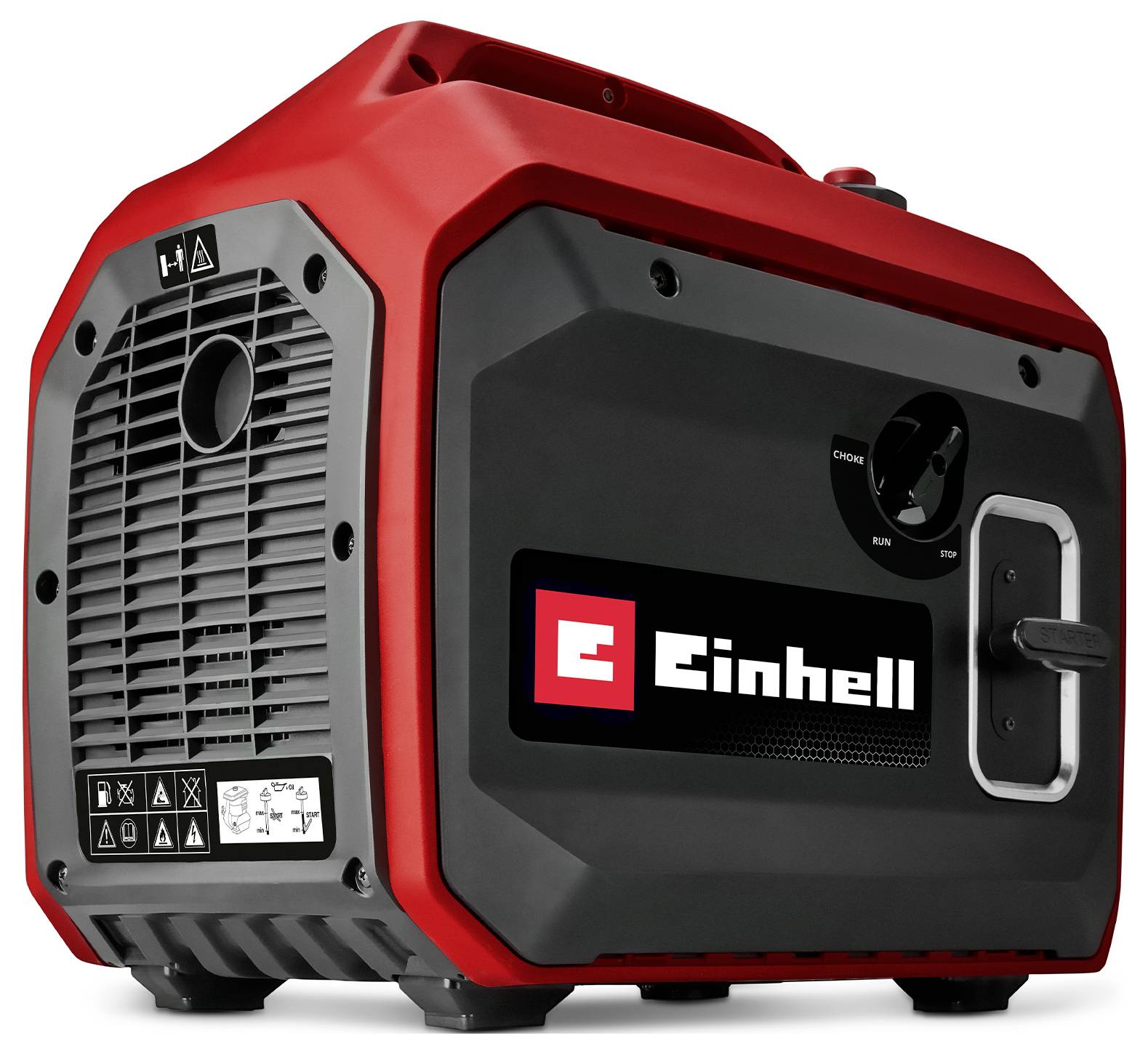 Tragbarer roter Einhell-Generator mit schwarzem Seitenpanel, Tragegriff, Lüftungsöffnungen und Regelknopf, vor weißem Hintergrund abgebildet.