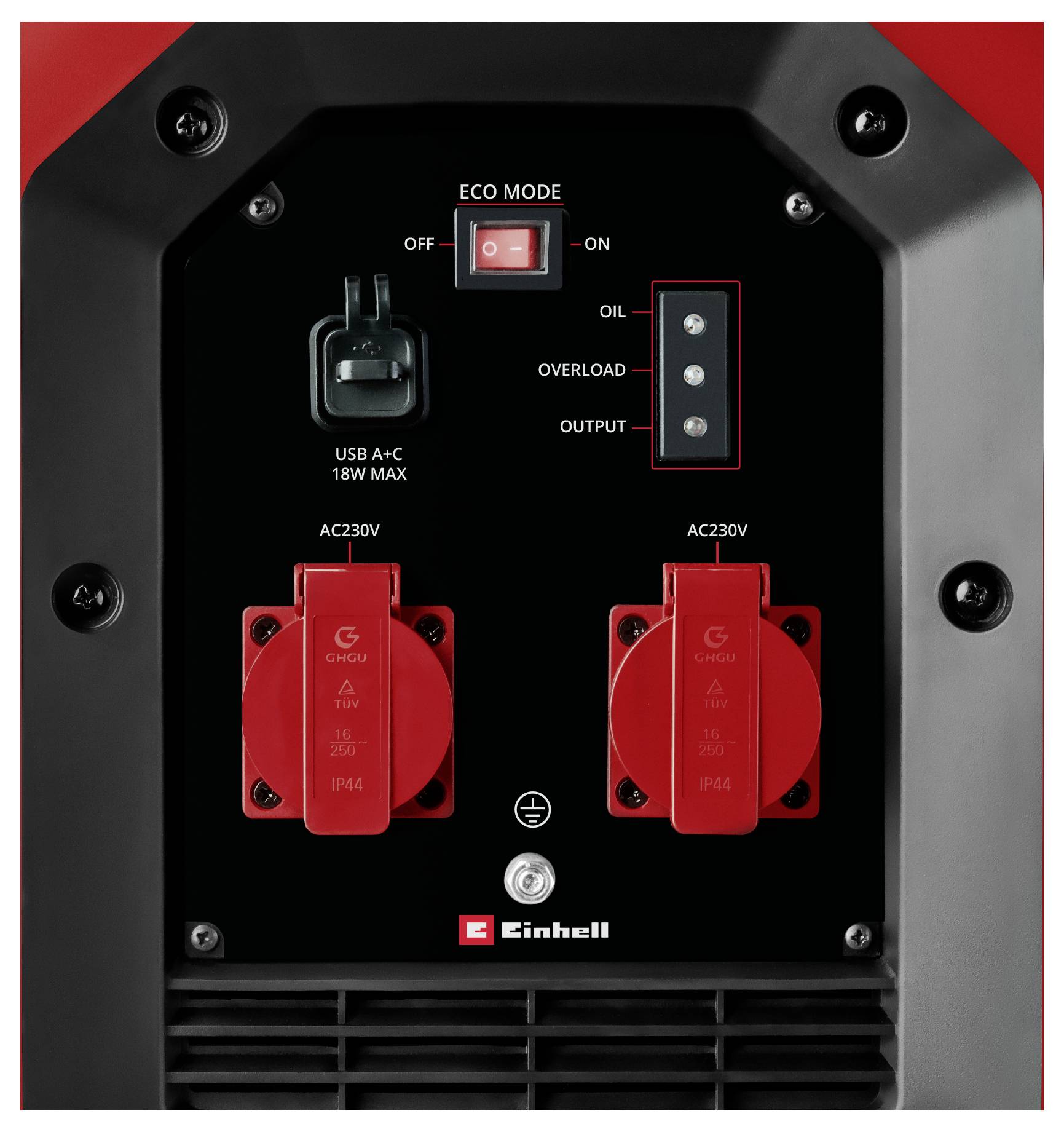 Generatorsteuerpanel mit ECO-Modusschalter, USB A+C 18W Max-Anschluss, Öl-/Überlast-/Ausgabeanzeige-Leuchten und zwei AC230V-Steckdosen.