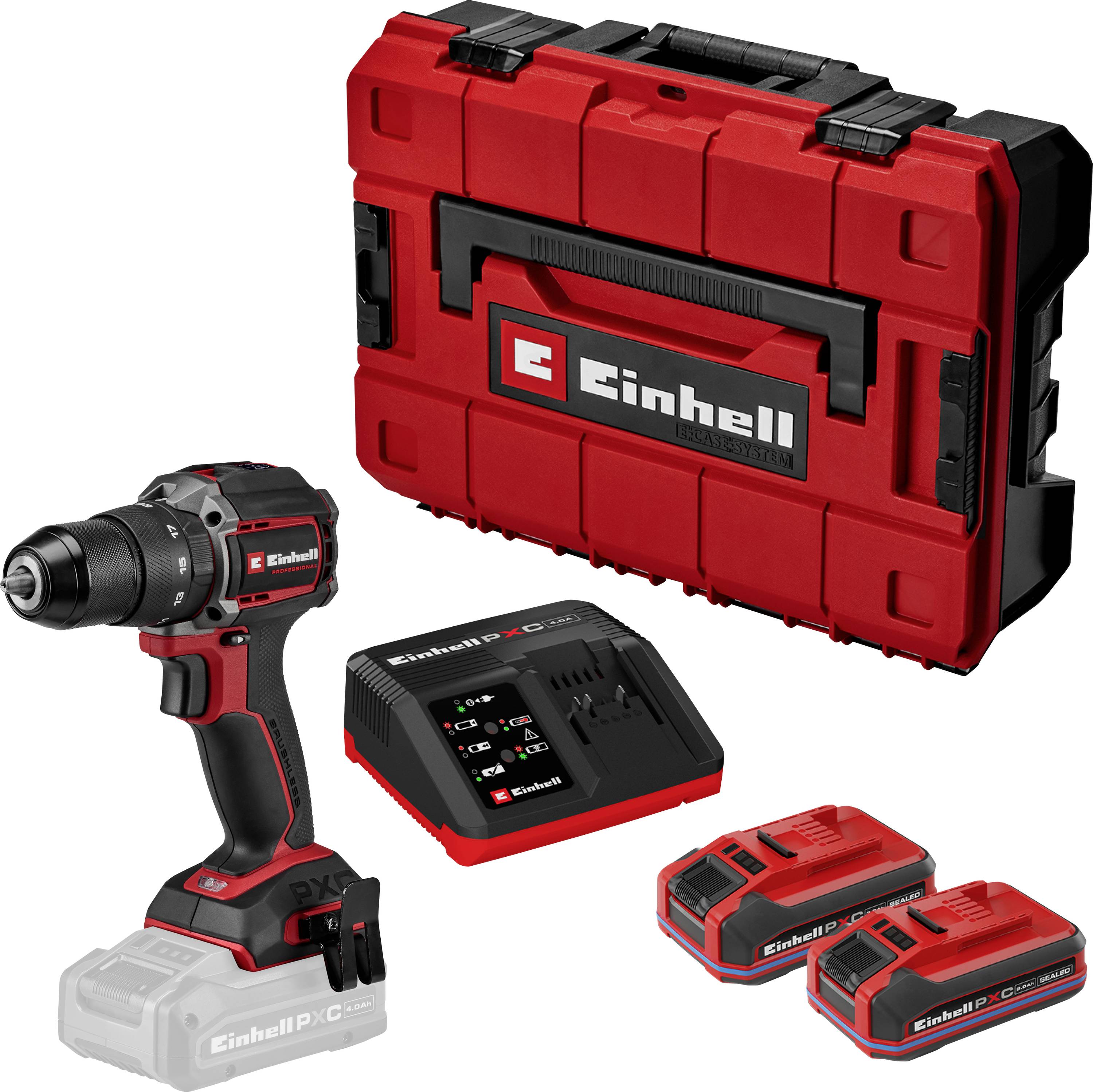 Einhell Akku-Bohrmaschinen-Set mit Bohrmaschine, Ladegerät, zwei Akkus und Transportkoffer auf weißem Hintergrund.