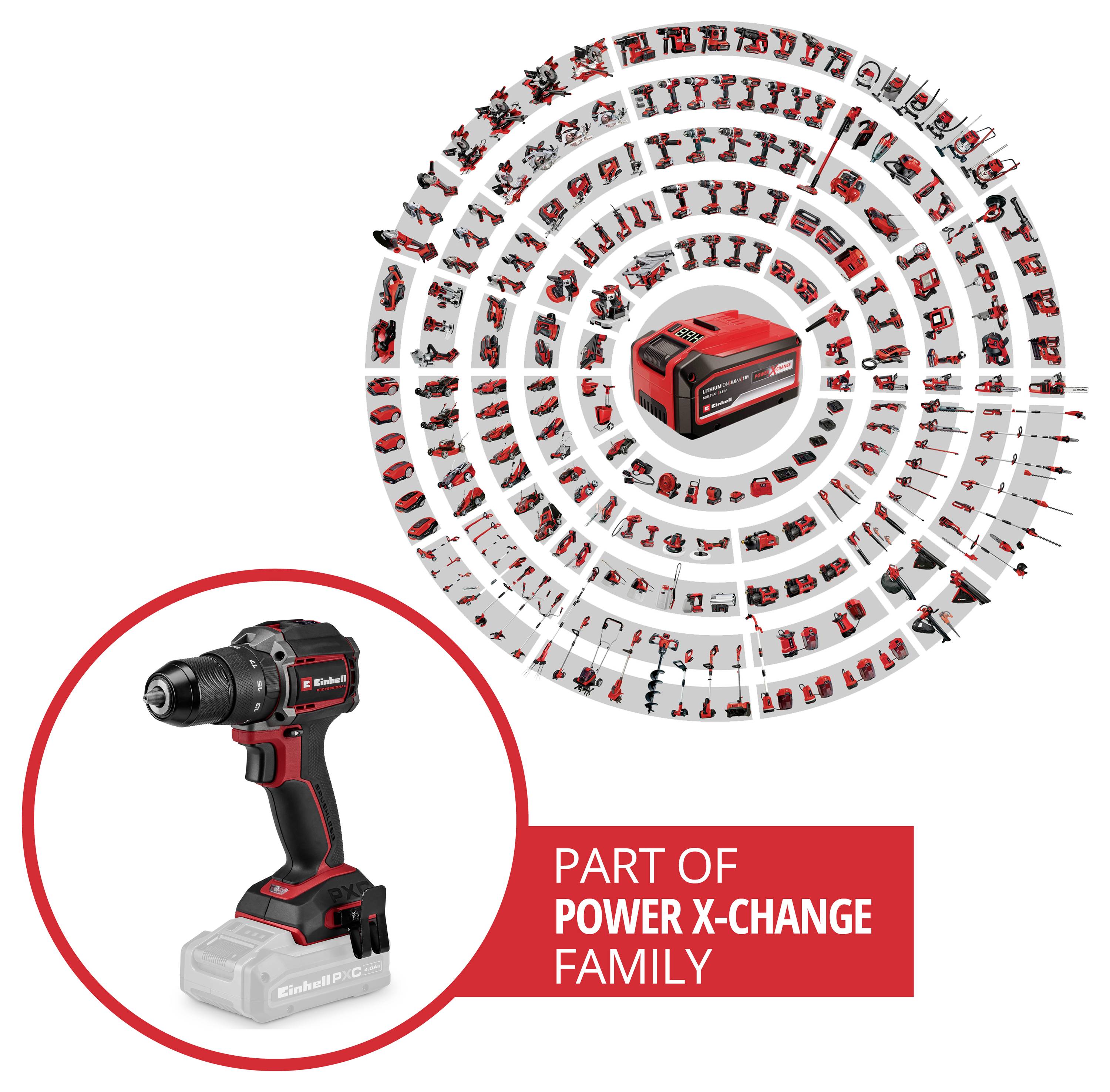 Werbegrafik zeigt einen kabellosen Bohrer und einen Akku mit einer kreisförmigen Anzeige kompatibler Power X-Change-Werkzeuge und dem Text „TEIL DER POWER X-CHANGE-FAMILIE