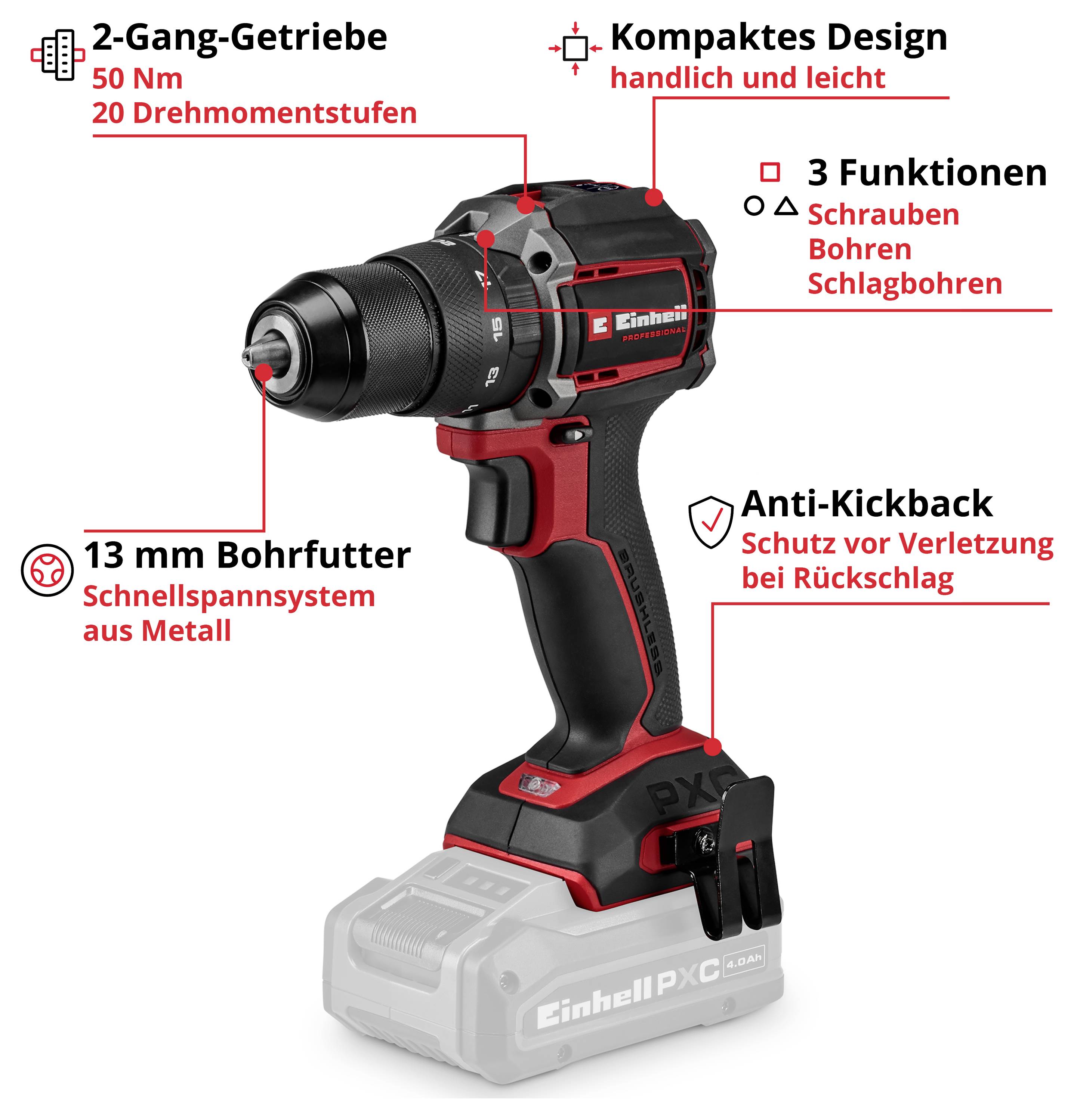 Abgebildet ist ein kabelloser Einhell-Bohrschrauber mit Akku: 2-Gang-Getriebe, 20 Drehmomentstufen, 13-mm-Metallbohrfutter, 3 Funktionen und Anti-Kickback.
