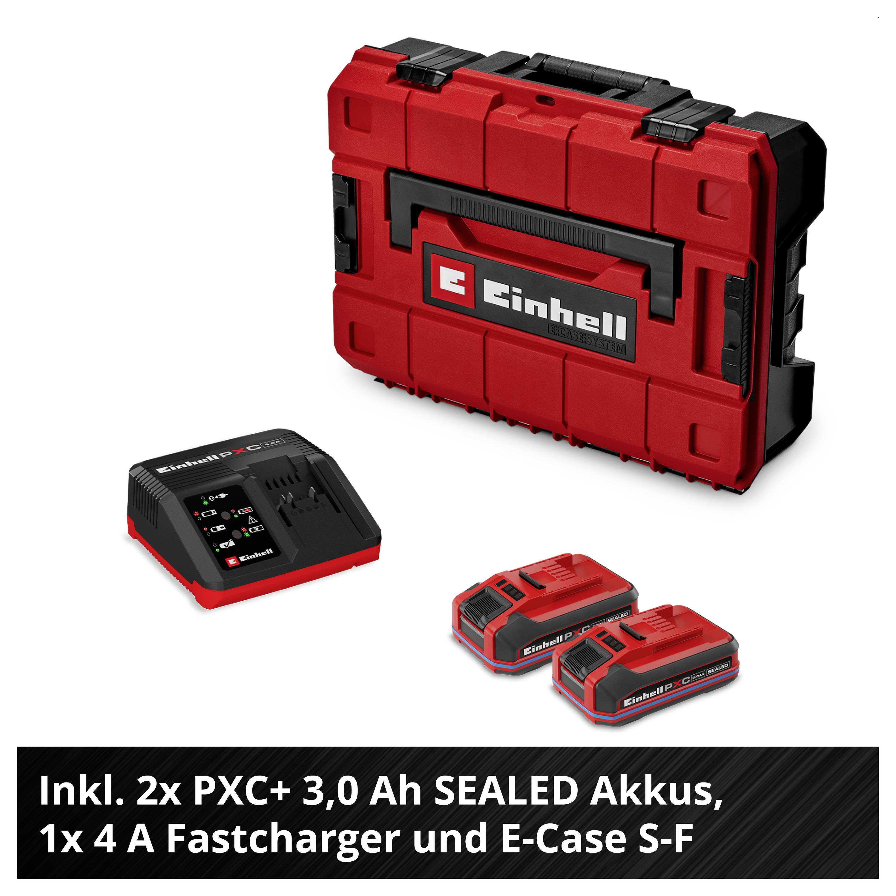 Produktbild eines Einhell E-Case S-F mit 2 PXC+ 3,0-Ah Akkus und 4-A-Schnellladegerät; Text: 'Inkl. 2x PXC+ 3,0 Ah SEALED Akkus, 1x 4 A Fastcharger und E-Case S-F'