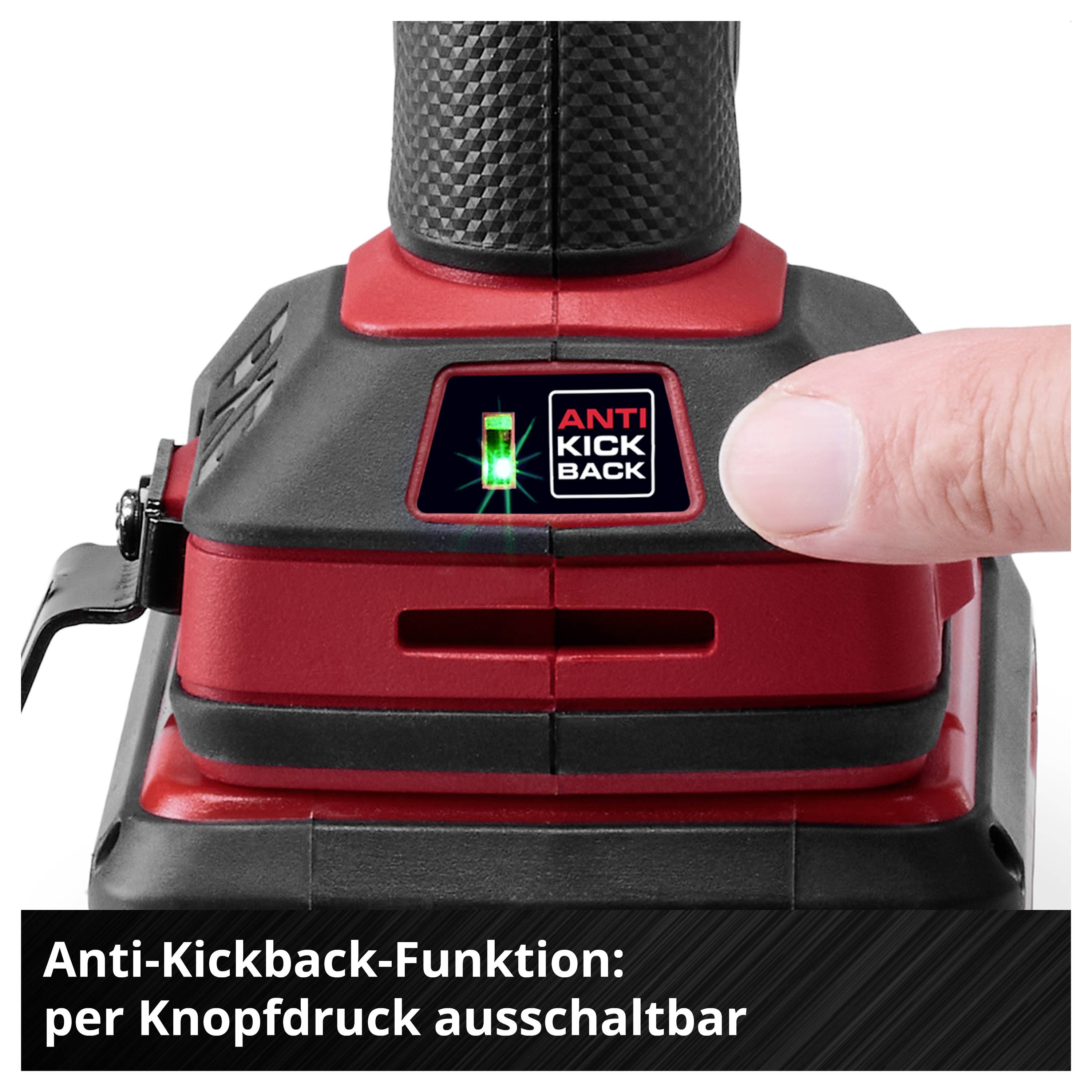 Nahaufnahme eines roten und schwarzen Werkzeugs mit beleuchtetem Schalter 'ANTI KICK BACK'; ein Finger drückt die Taste, Text: 'Anti-Kickback-Funktion: per Knopfdruck ausschaltbar'.
