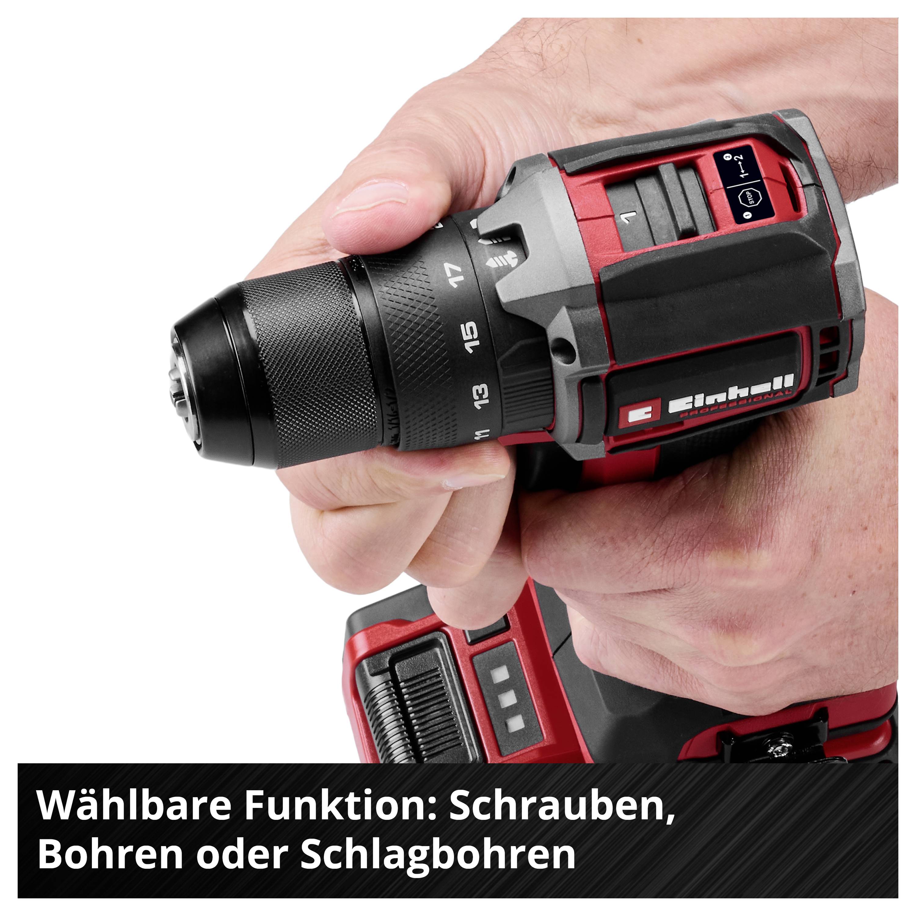 Hand hält einen Akku-Bohrschrauber; eingeblendeter Text: 'Wählbare Funktion: Schrauben, Bohren oder Schlagbohren'.