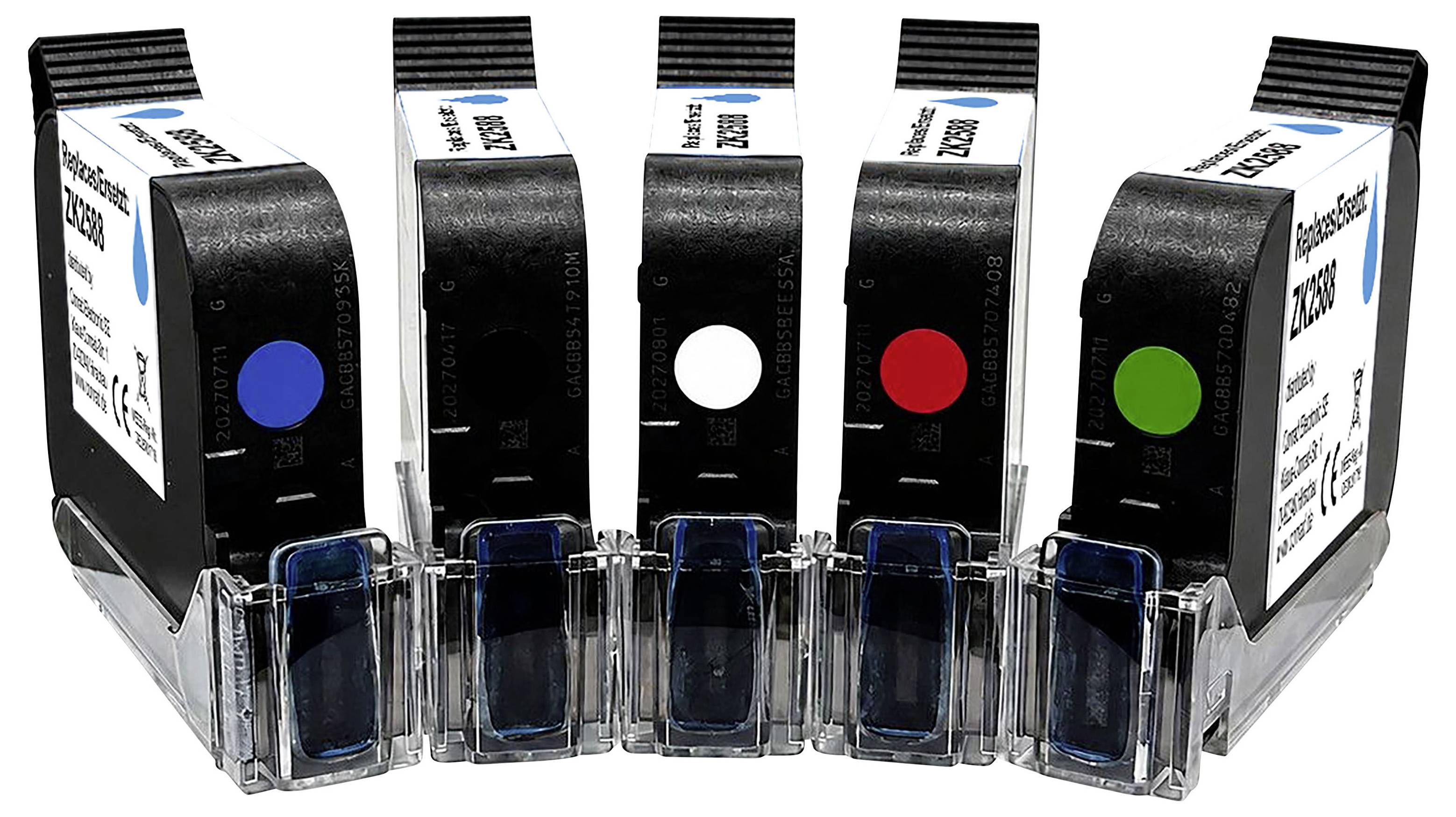 Fünf Tintenpatronen in einem durchsichtigen Behälter, beschriftet mit schwarz, cyan, magenta, gelb und grün für ein Druckersatz-Nachfüllset.