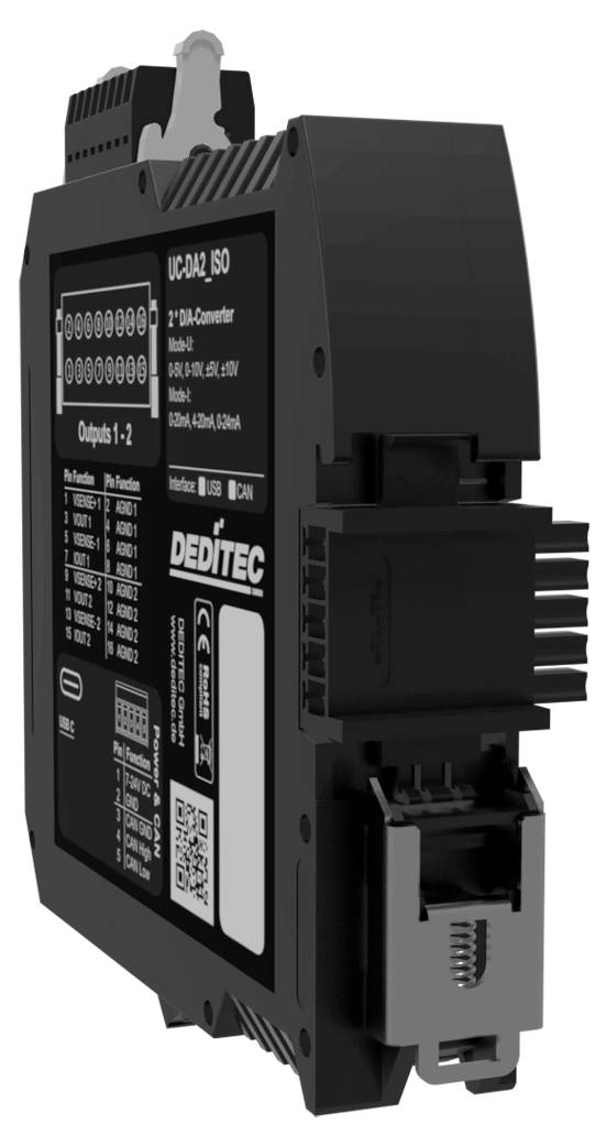 Ein schwarzes industrielles elektronisches Modul mit gekennzeichneten Anschlüssen und Verbindungsstücken, in Dreiviertelansicht auf weißem Hintergrund dargestellt.