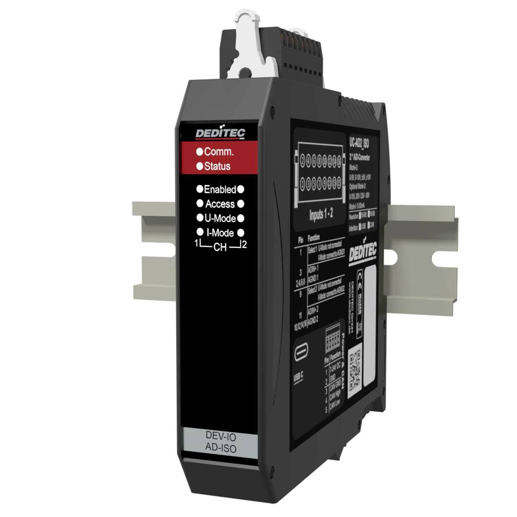 Schwarzes DEDITEC DIN-Schienen-Industrie-I/O-Isolationsmodul mit Kommunikations-/Status-LEDs und beschrifteten Eingängen 1-2.