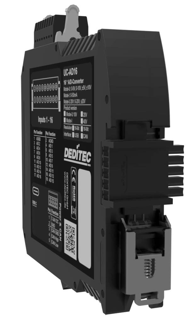 Schwarzes DEDITEC UC-AD16 Industriemodul mit beschrifteten Anschlüssen und einem Steckverbinder