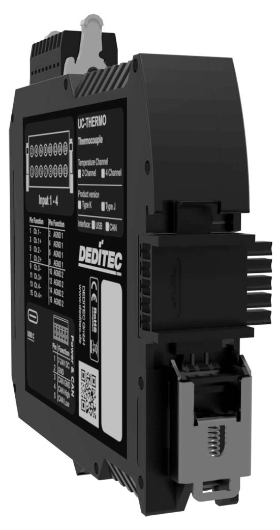 Schwarzes industrielles DIN-Schienenelektronikmodul mit der Bezeichnung 