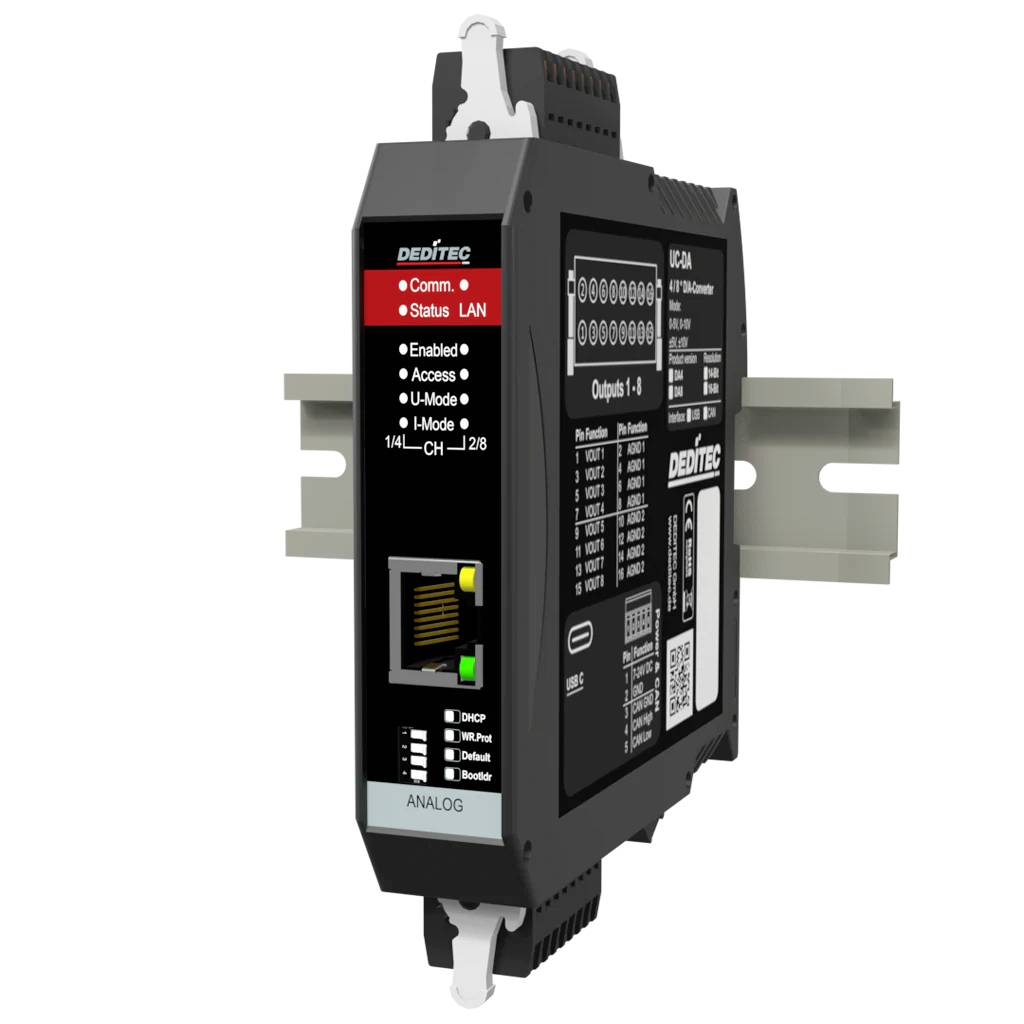 Schwarzes DIN-Schienen-Montagemodul für industrielle Netzwerke mit DEDITEC-Branding, Status-LEDs, Ethernet-Anschluss und Beschriftungen für analoge Ein-/Ausgänge.