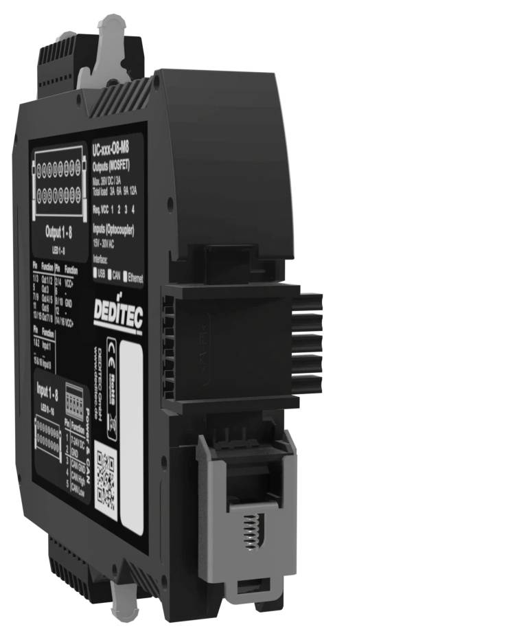 Schwarzes industrielles DIN-Schienen-Elektronikmodul mit beschrifteten Anschlüssen und Anschlussleisten, dargestellt in Dreiviertelansicht auf weißem Hintergrund.