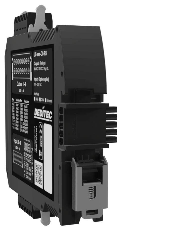 Schwarzes DEDITEC-Industrial-I/O-Modul mit mehreren Anschlussleisten und beschrifteten Steckverbindern, auf weißem Hintergrund abgebildet.