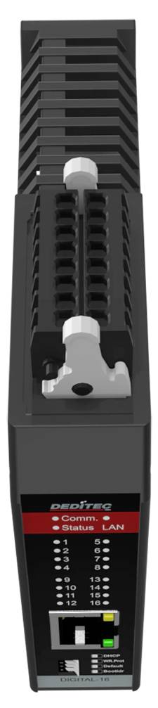 Frontansicht eines schwarzen DEEPMK-Netzwerk-Switches mit Statusleuchten, beschriftet mit Com/Status/LAN, und nummerierten Anschlüssen auf der Frontplatte.