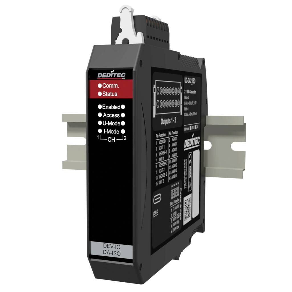 Schwarzes DEDITEC Industrie-DIN-Schienen-Modul mit Status-LEDs, beschriftet Dev-IO DA-ISO, in der Produktansicht dargestellt.