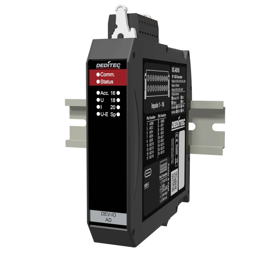 Schwarzes DEDITEC-DIN-Schienenn-Industriemodul mit Status-LEDs und Beschriftung 'DEV-IO AD', dargestellt in einer Seitenansicht mit Anschllussterminals.