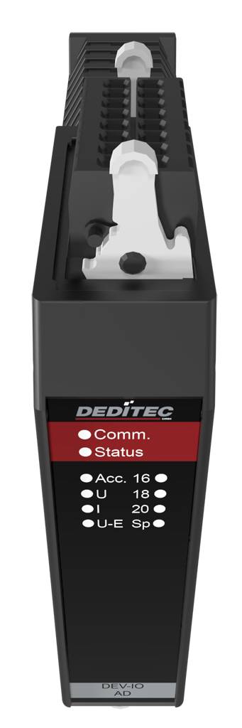 Schwarzes DEDITEC-Kommunikationsstatus-Modul mit oberem Anschlussstecker und vorderen LEDs mit den Bezeichnungen „Comm.
