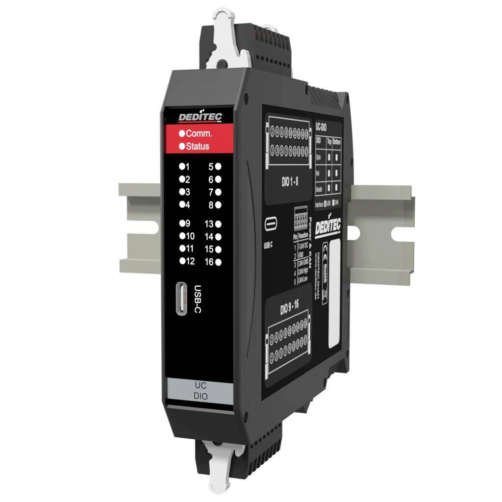 Schwarzes DEDITEC DIN-Schienen-Ein-/Ausgangsmodul mit USB-C-Anschluss, Status-LEDs und nummerierten Ein-/Ausgangsklemmen.