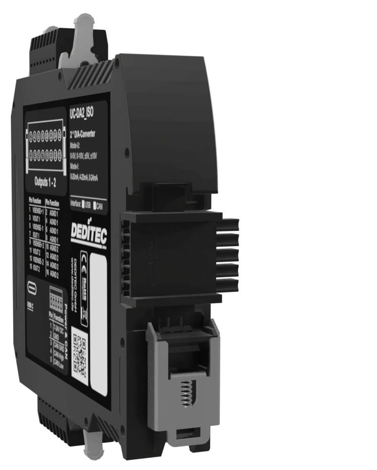 Schwarzes industrielles elektronisches Modul mit Anschlussanschlüssen und Beschriftungsfeld, auf weißem Hintergrund dargestellt.