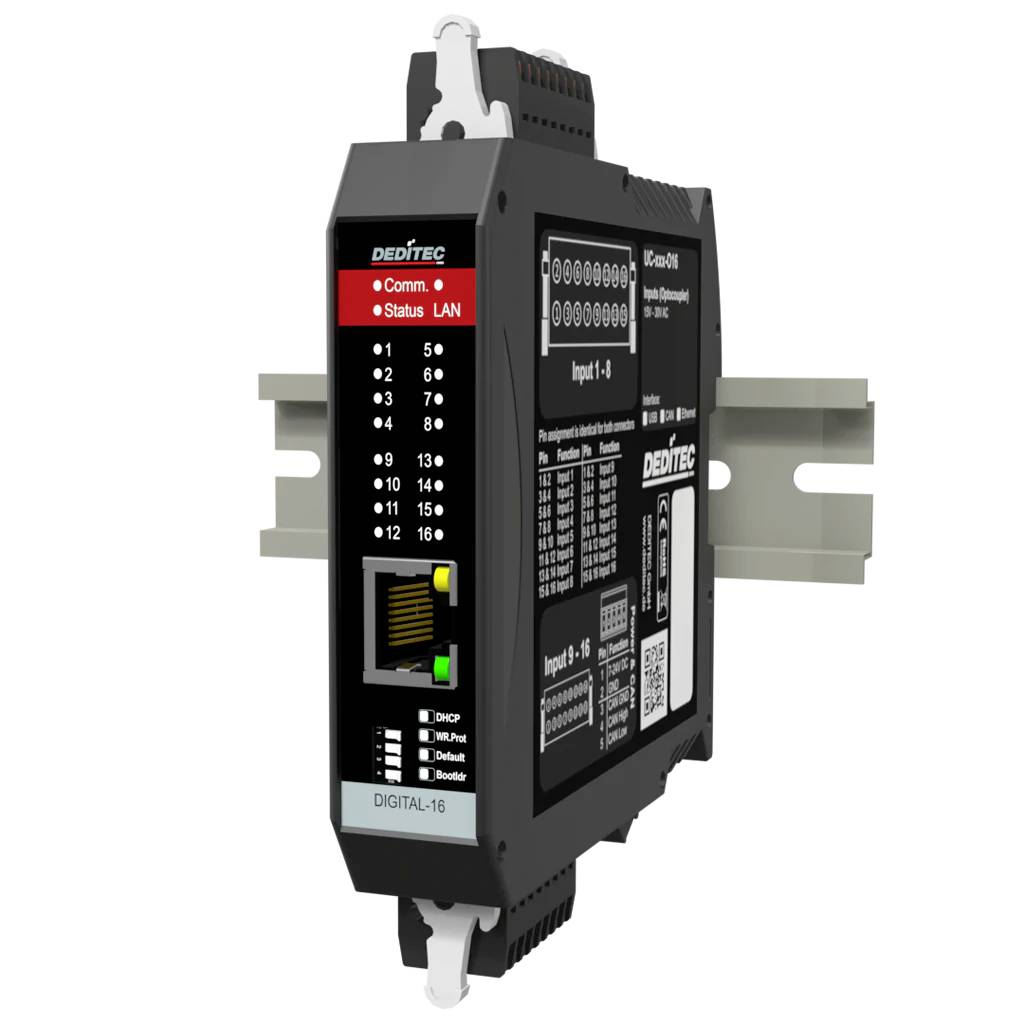 Industrielles DIN-Schienen-Digitalmodul 'DIGIT-16' mit Kommunikations-/Statusanzeigen, LAN-Anschluss und nummerierten Ein-/Ausgabeanschlüssen
