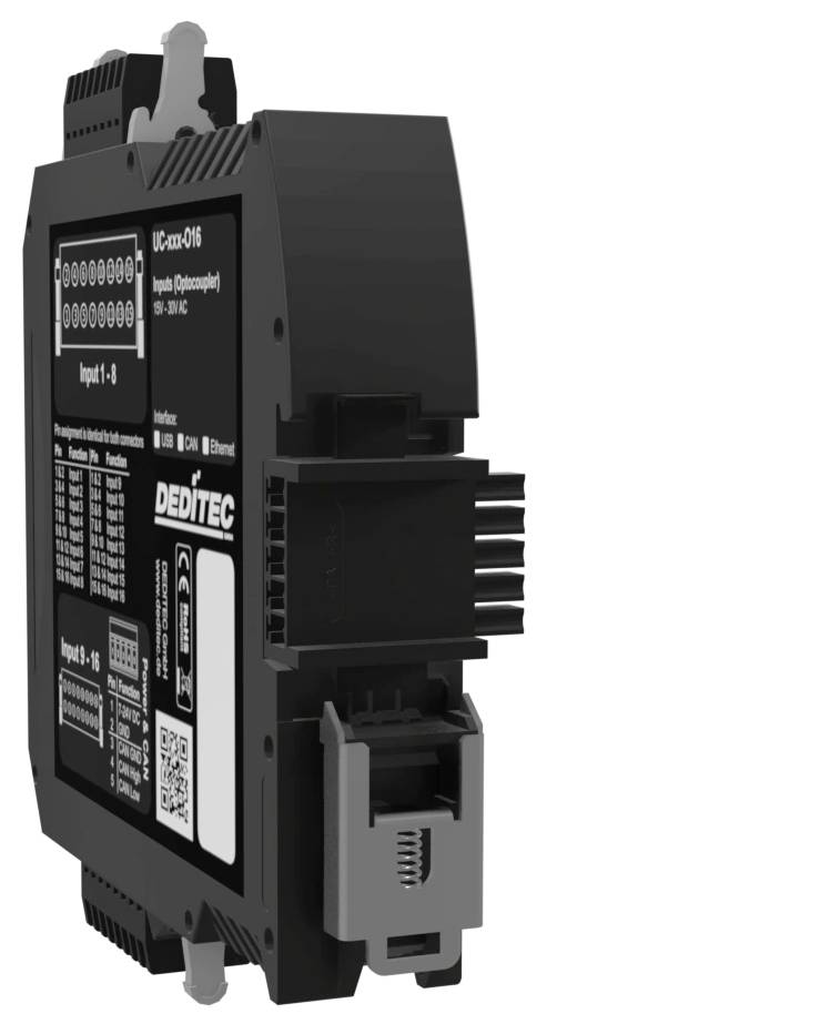 Schwarzes Industrie-Automatisierungsmodul mit beschrifteten Anschlussdiagrammen, einem QR-Code und dem Markennamen 