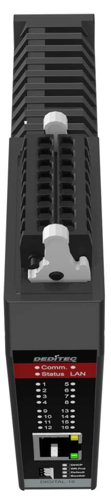 Ein schwarzes Netzwerkgerät mit mehreren Anschlüssen und roten Beschriftungen für Com, Status und LAN, frontal als Hardware-Einheit dargestellt.