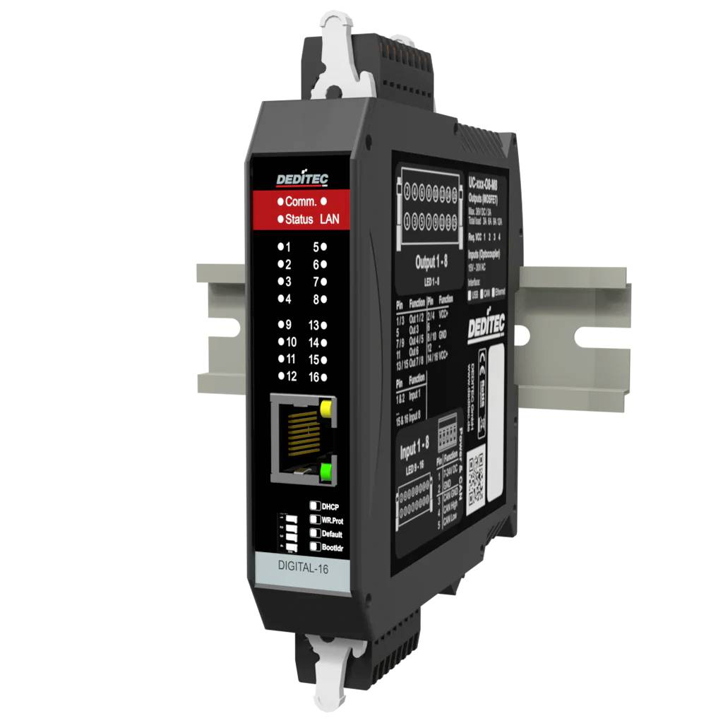 Schwarzes DEDITEC DIGITAL-16 Industrie-DIN-Schienen-Modul mit 16 nummerierten LED-Anzeigen und Ethernet-/LAN-Statusleuchten, in 3D dargestellt.
