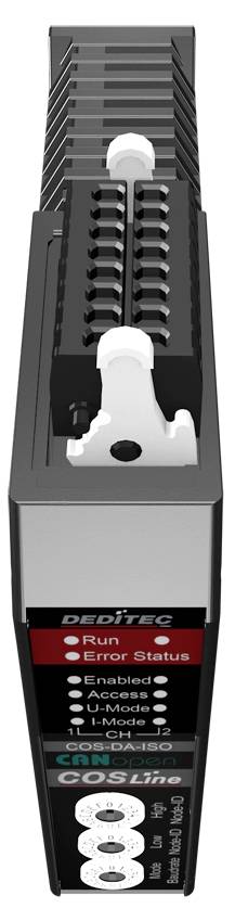 Ein DEDITEC COSIline Industrie-Steuermodul mit roten Run/Error-Statusleuchten, LED-Modusanzeigen und einem 8-Kanal-Ausgabebaustein.