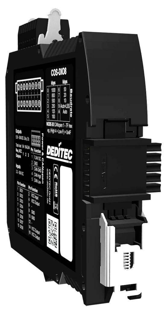 Schwarzes industrielles elektronisches Modul mit Klemmleisten und Seitenverbinder, gekennzeichnet mit 