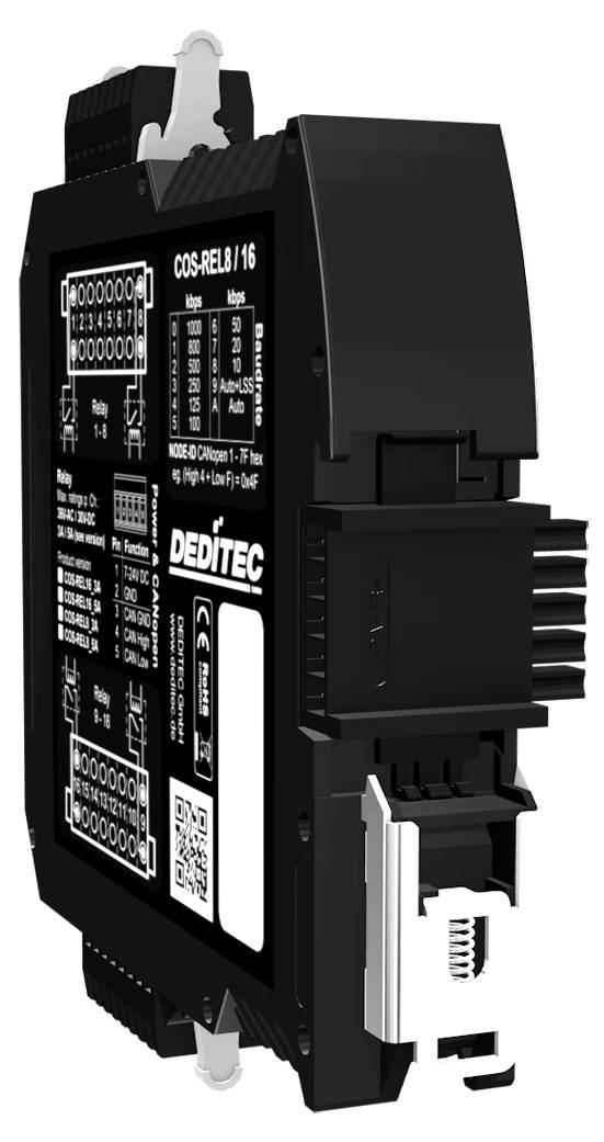Schwarzes elektronisches DIN-Schienen-Steuermodul mit beschrifteter Anschlussklemme und Beschriftungen auf der Frontplatte, dargestellt in schrägem Produktansicht auf weißem Hintergrund.