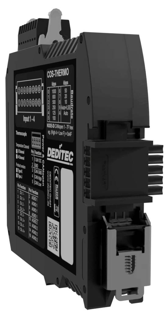 Schwarzes DEDITEC Industrie-Elektronikmodul mit Beschriftungen und Anschlussanschlüssen, in einer angewinkelten Seitenansicht auf weißem Hintergrund dargestellt.