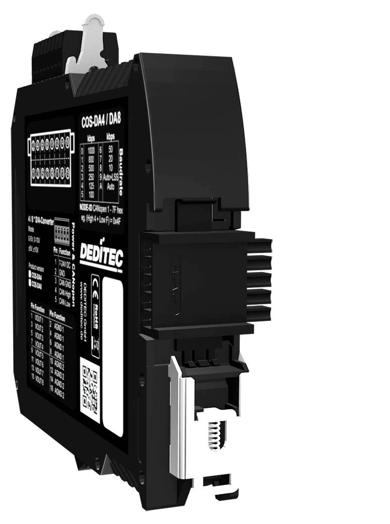 Schwarzes industrielles elektronisches Modul mit beschrifteten Anschlüssen, einem Kühlkörper und DEDTEC-Branding, dargestellt auf weißem Hintergrund.