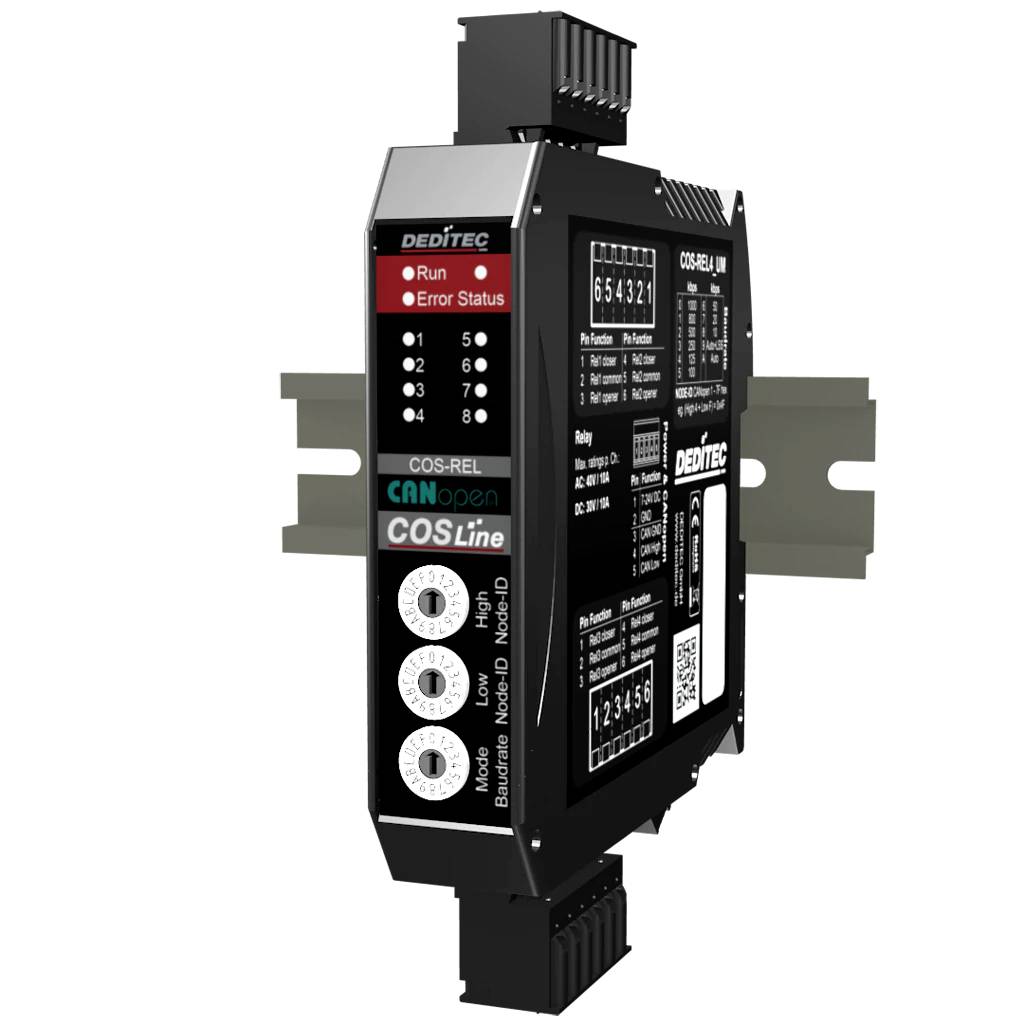 Schwarzes DIN-Hutschienen-Elektromodul mit Status-LEDs, Drehreglern und beschrifteter Frontplatte, dargestellt in Seitenansicht auf weißem Hintergrund.