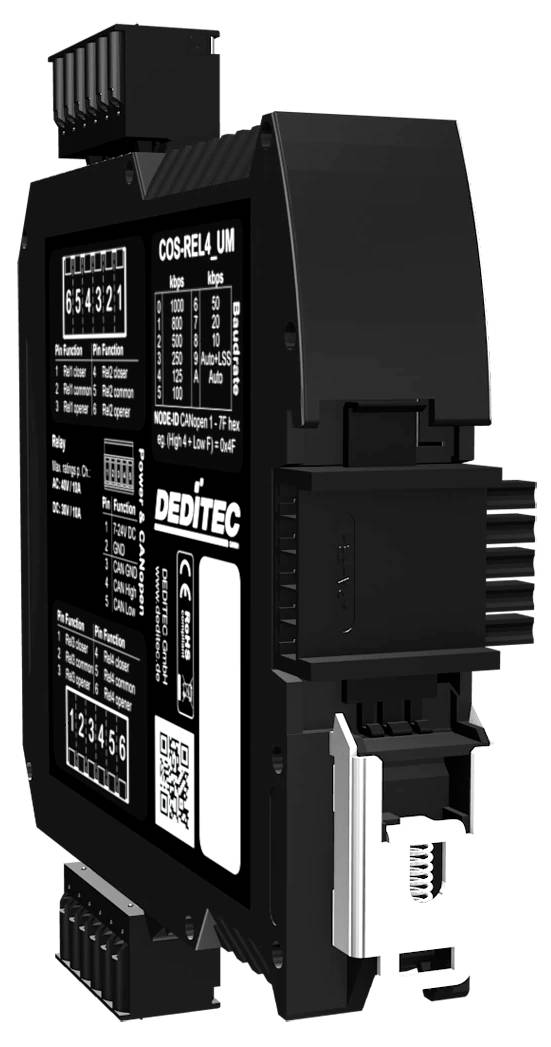 Schwarzes industrielles elektronisches Modul mit Etiketten und Steckverbindern, wahrscheinlich ein DEDITEC COS-BEL4-U/M-Gerät auf weißem Hintergrund.