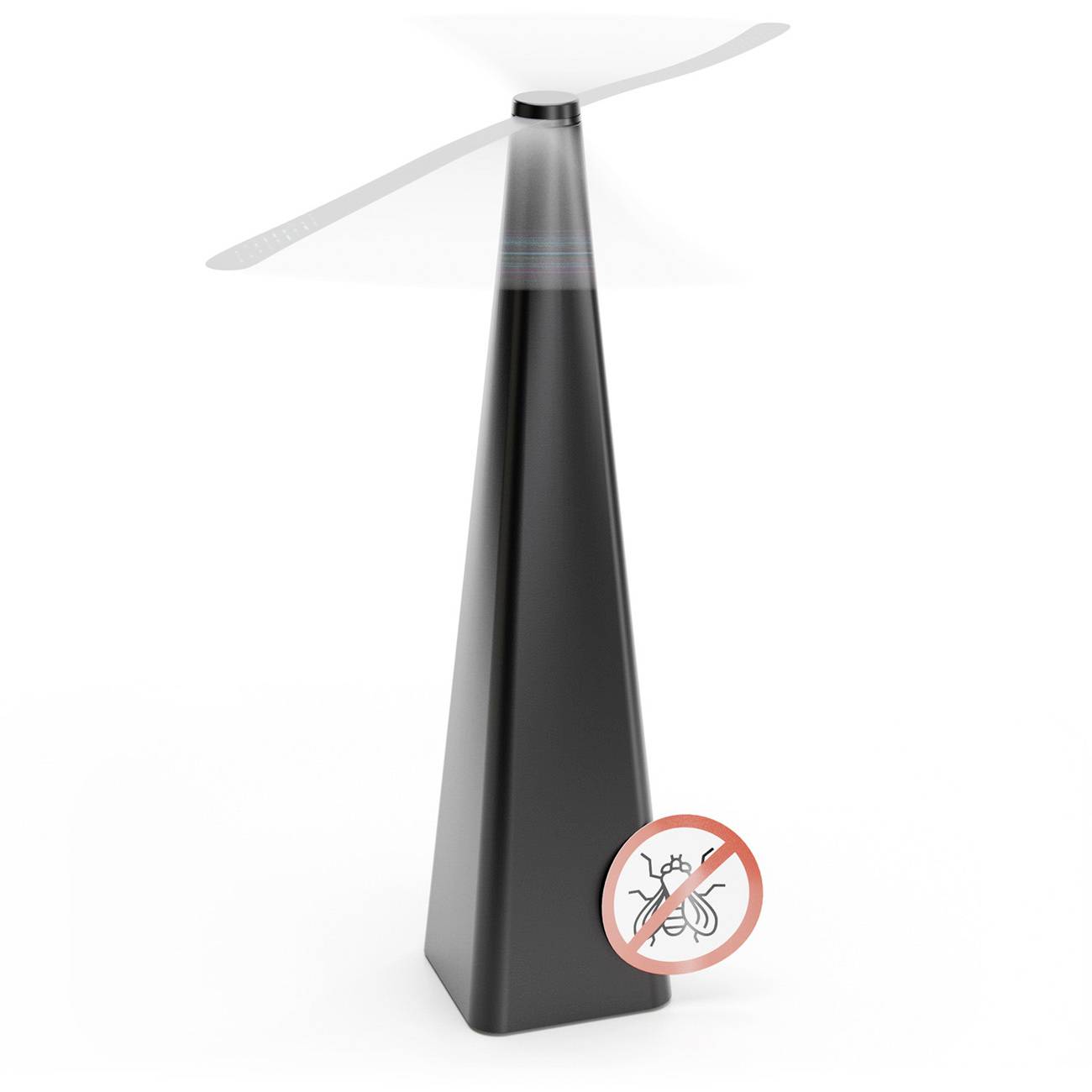 Schwarzes turmartiges Gerät mit einem oberen Lüfterrotor und einem Symbol für Insektenfreiheit, das auf insektenabweisende oder insektenfreie Luftstromtechnologie hindeutet.