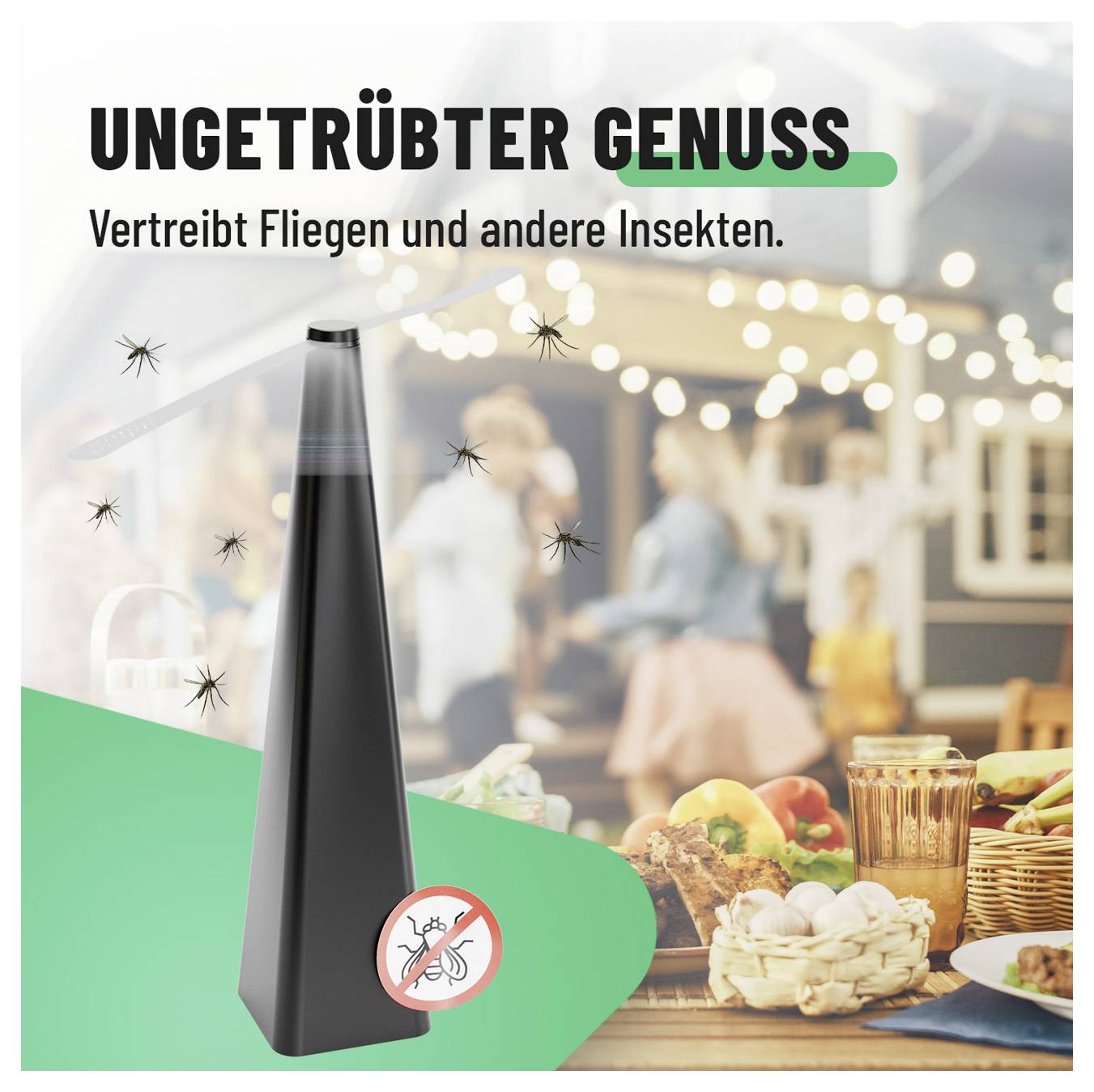 Werbebild eines schwarzen Insektenvertreibers mit dem Text „UNGETRÜBTER GENUSS