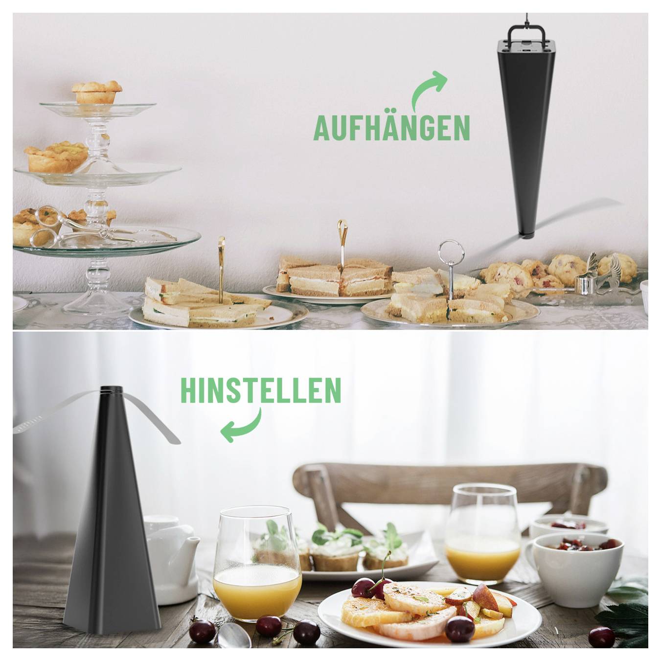 Zweiteiliges Bild mit einer schwarzen kegelförmigen Speiseabdeckung: Das obere Bild zeigt 