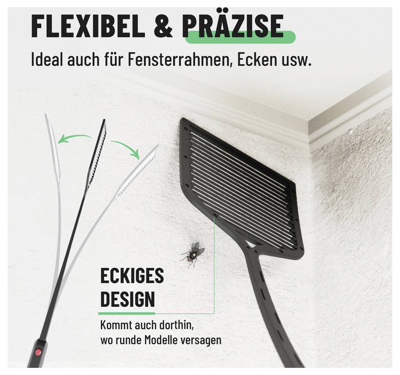 Werbung für ein flexibles, präzises Reinigungswerkzeug mit abgewinkeltem Kopf für Fensterrahmen und Ecken; der Text besagt, dass es Stellen erreicht, an denen runde Modelle scheitern.