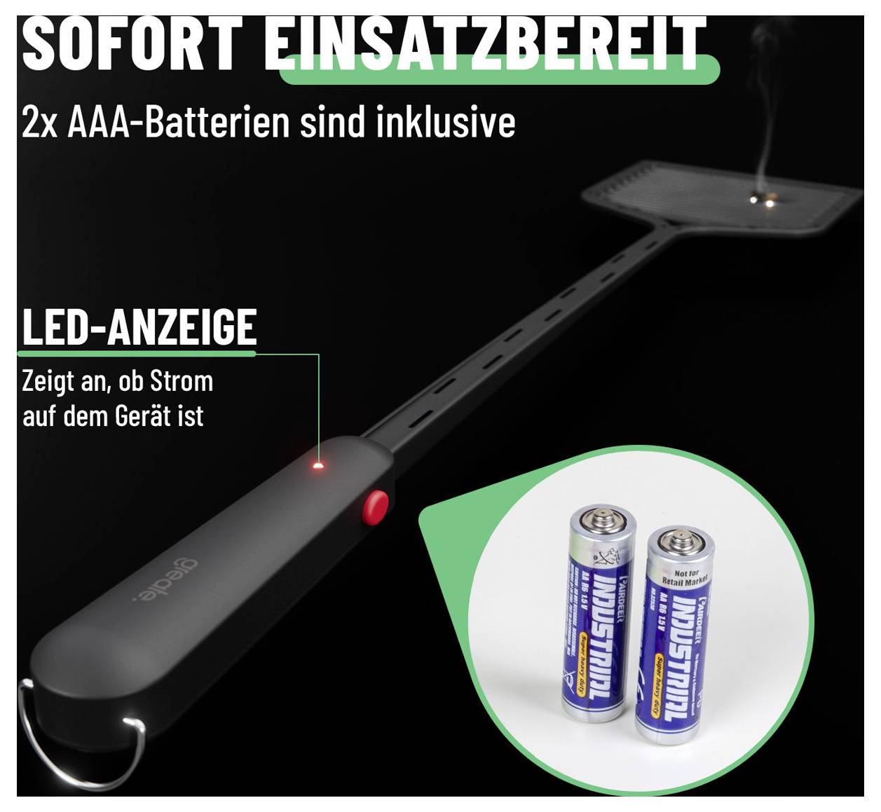 Elektronischer Fliegenklatsche mit LED-Anzeige und zwei AAA-Batterien im Lieferumfang enthalten; Text besagt „sofort einsatzbereit