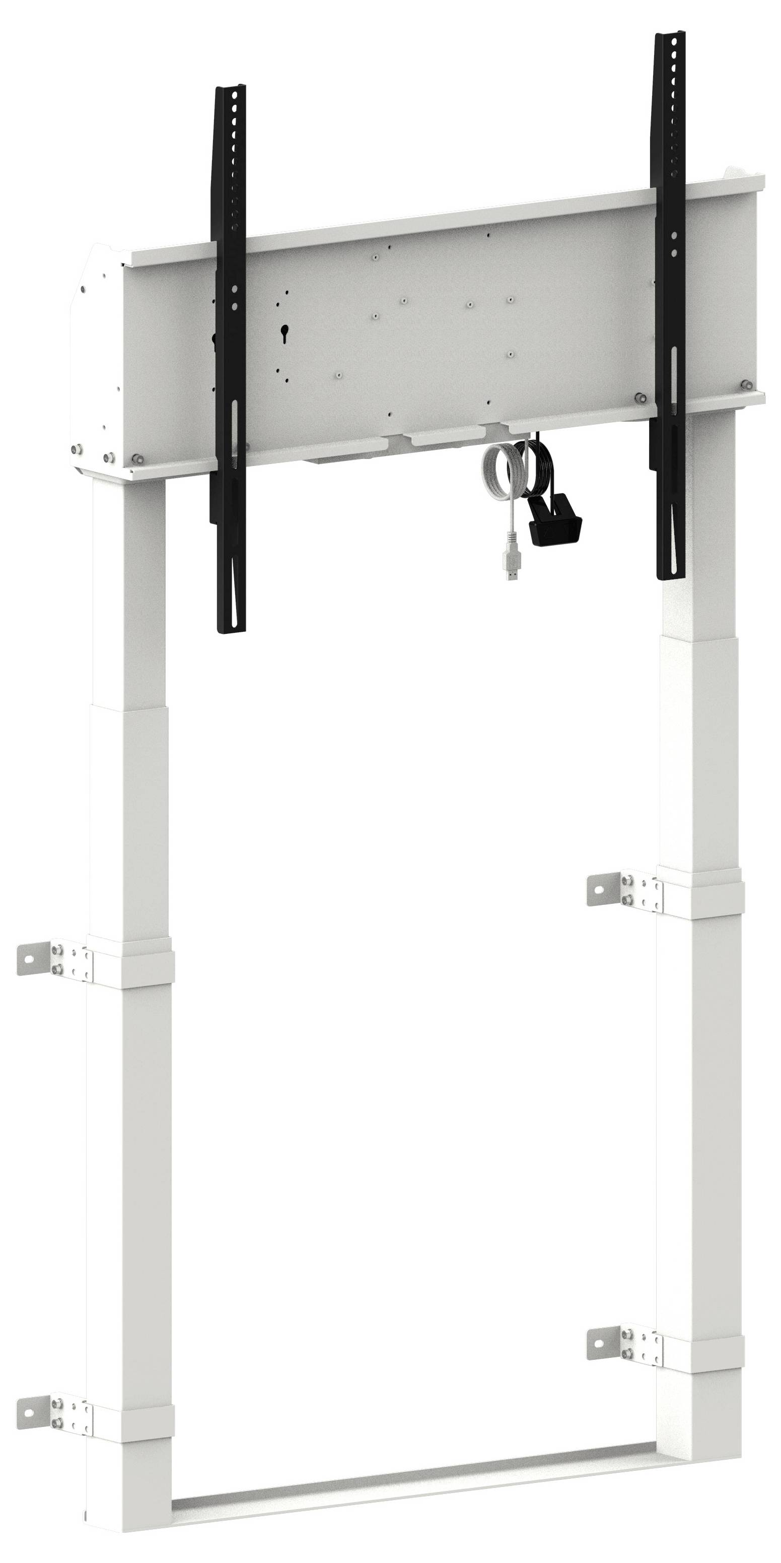 Verstellbarer Metallmontagrahmen mit zwei vertikalen Schienen und einem Hängeschloss, wahrscheinlich für eine Wand- oder TV-Installation.