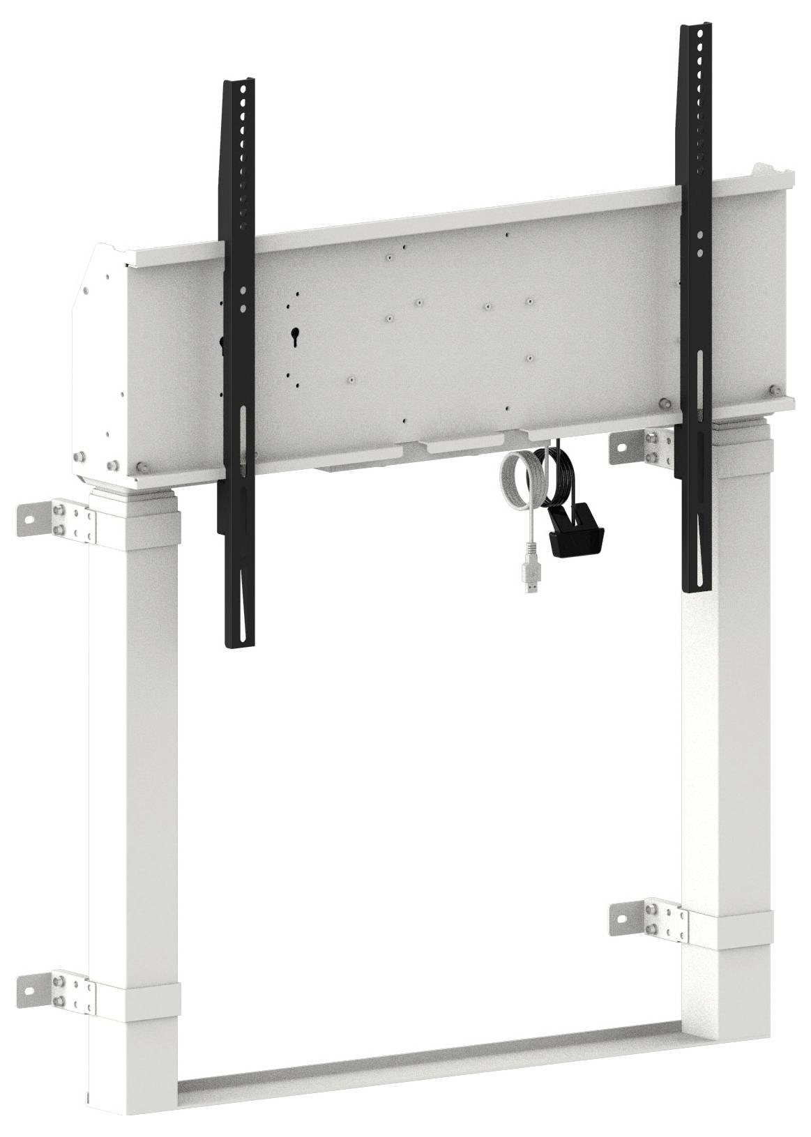 Wandmontierter Fernsehhalter mit zwei vertikalen Schienen und weißem Rahmen, wobei die Montagehardware und der Verriegelungsmechanismus sichtbar sind.