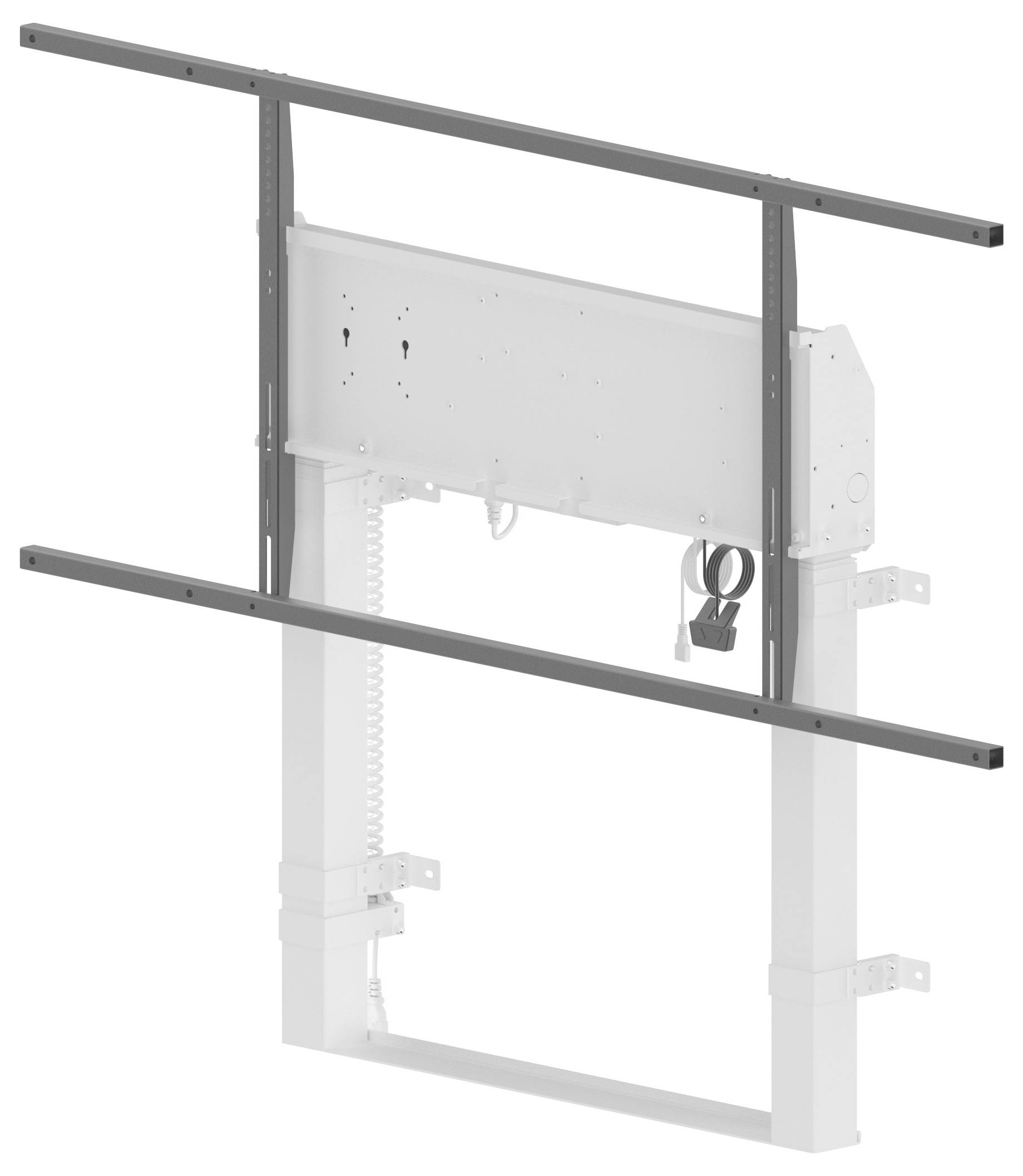Wandmontierter Schiebe-TV-Hubmechanismus mit zwei dunklen horizontalen Stützschienen und zentralem motorisiertem Hubrahmen.