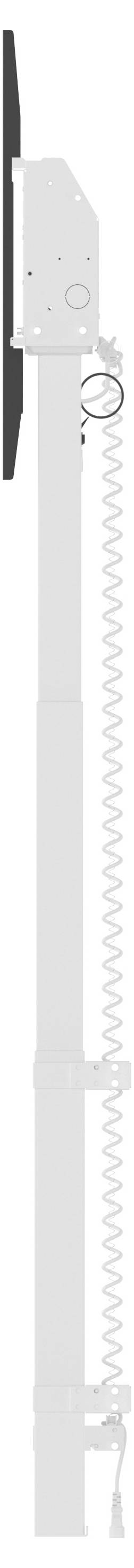 Ein vertikal an der Wand befestigtes weißes Sicherheitsgerät mit einem langen hängenden Seil und einem kleinen angebrachten Clip oder Griff.