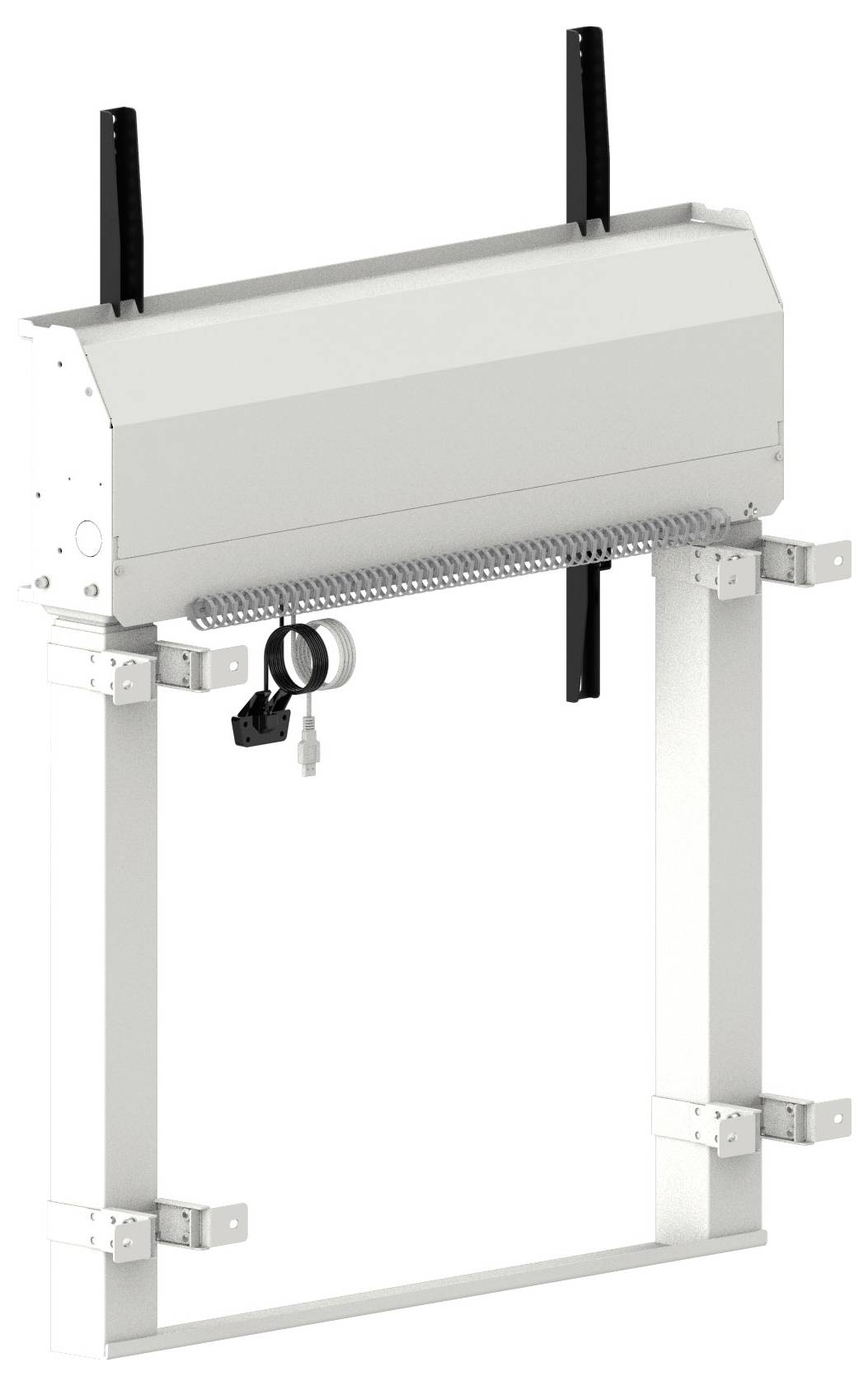 Wandmontiertes rechteckiges mechanisches Gehäuse mit zwei vertikalen schwarzen griffen, Stützbeinen und einer Hänge-Schließ-/Schlosssystem.