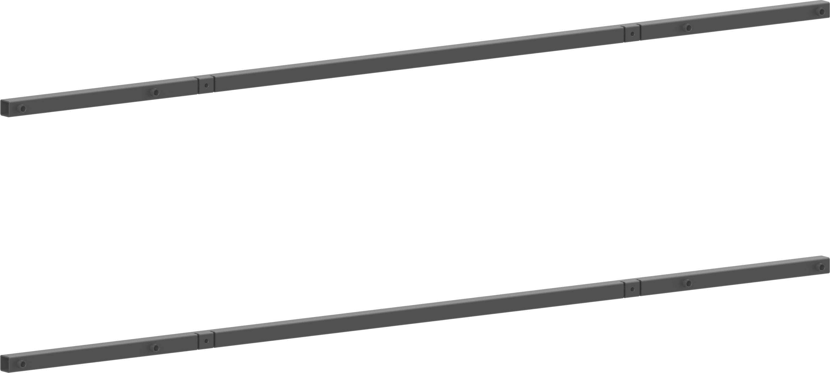 Zwei lange dunkelgraue Metallschienen sind horizontal auf einem weißen Hintergrund dargestellt, eine in der Nähe der Oberseite und eine in der Nähe der Unterseite.
