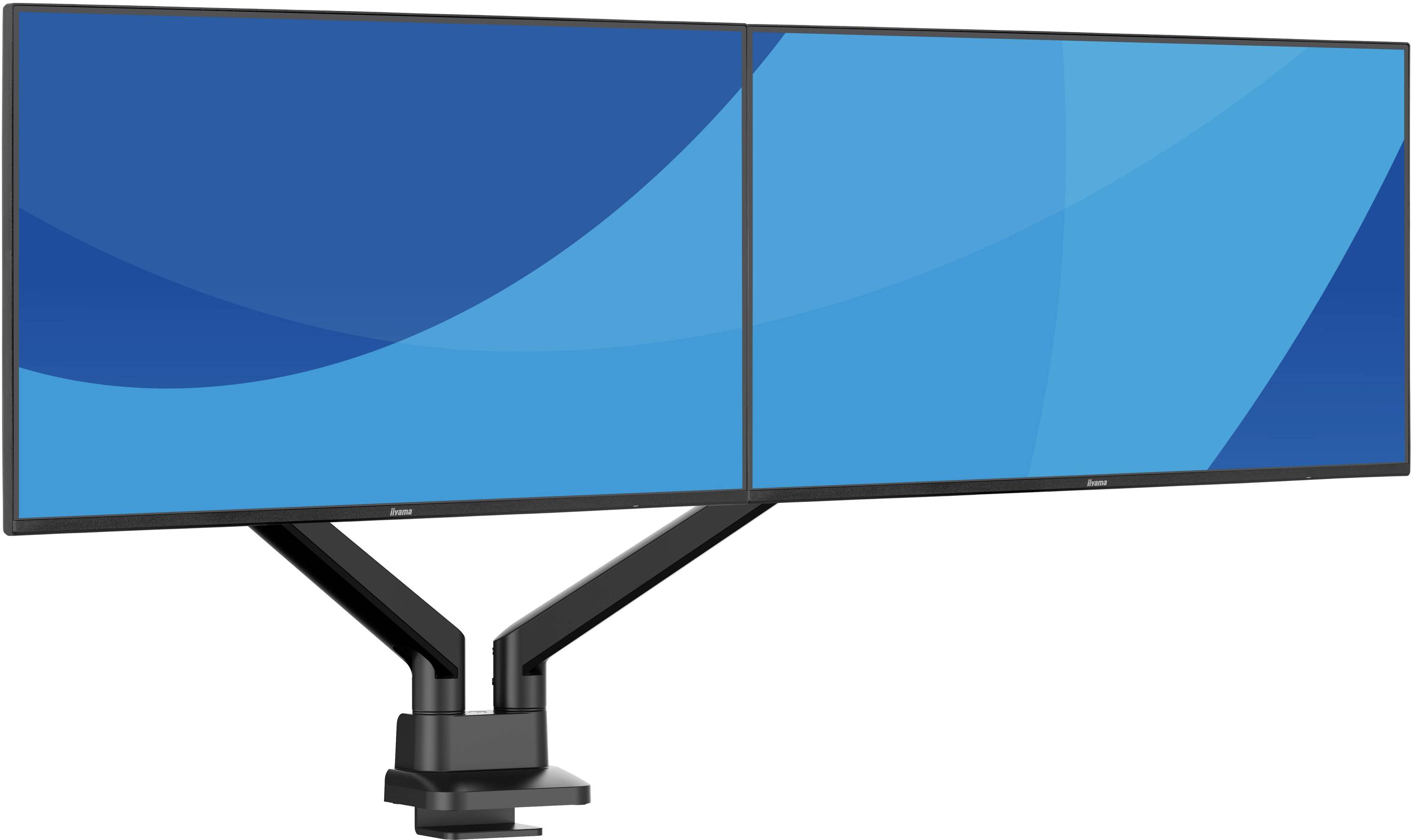 Zwei Computermonitore auf einer schwarzen verstellbaren Schreibtischhalterung, nebeneinander mit blauen Bildschirmen.