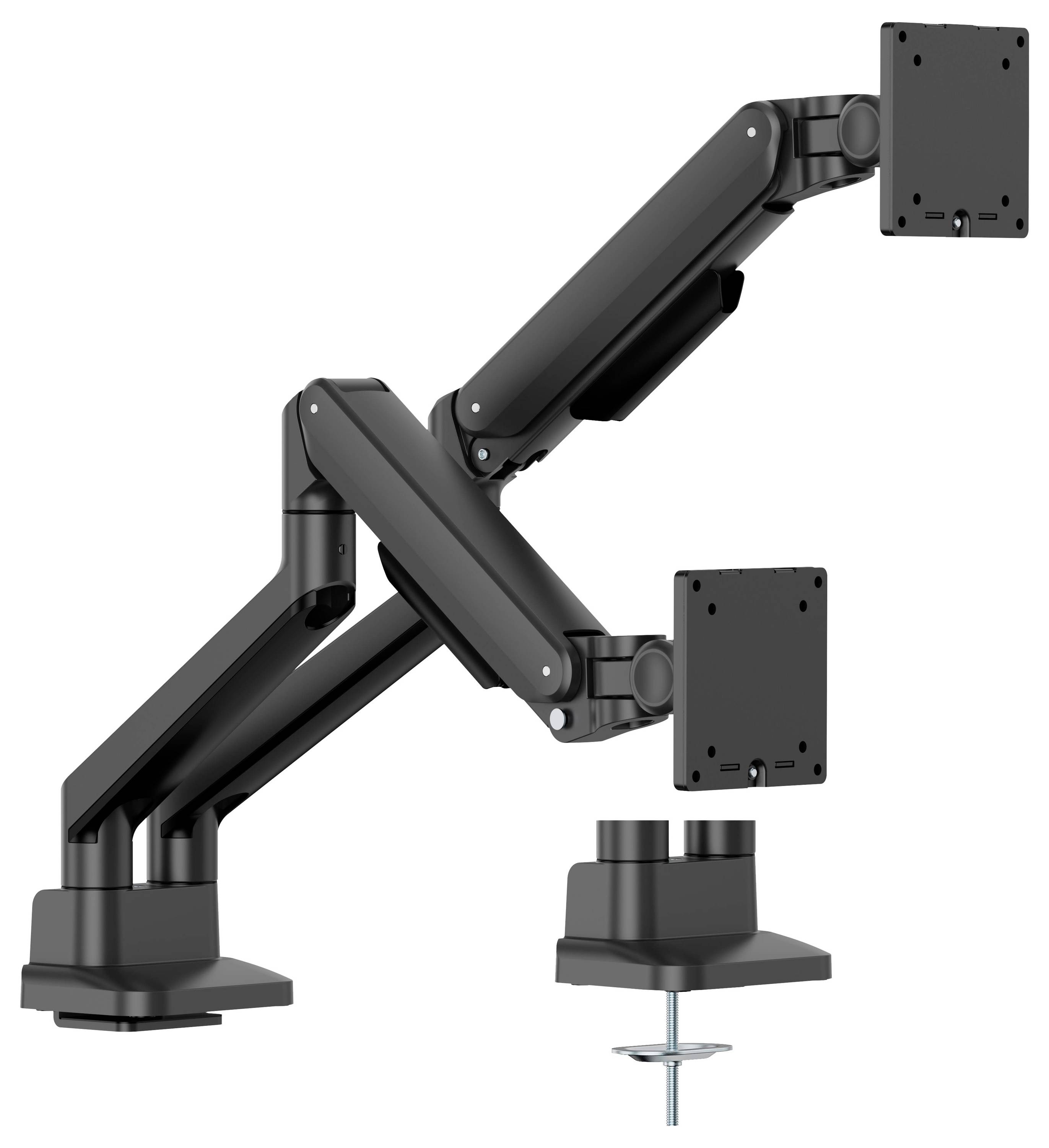Schwarze verstellbare Dual-Monitor-Schreibtischhalterung mit zwei VESA-Platten und Klemmfuß auf weißem Hintergrund.